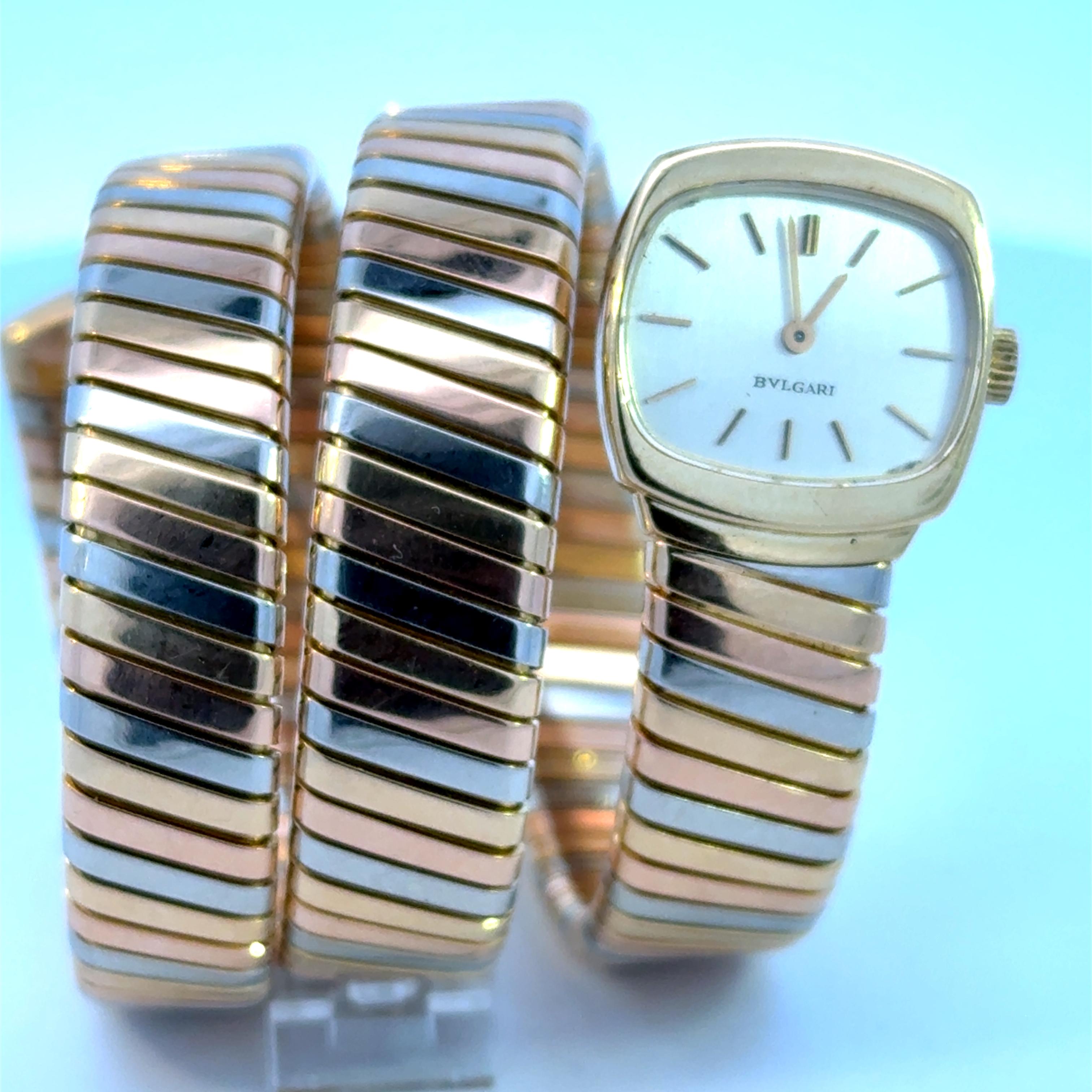 Rare Bulgari Three Colour 18 Karat Gold Tubogas Serpenti bracelet watch 1970's 2