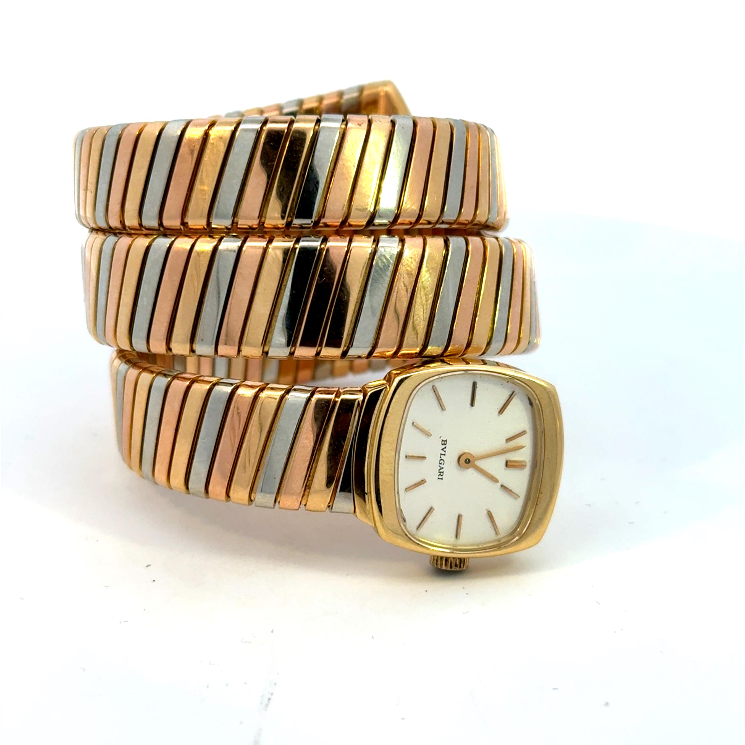 Rare Bulgari Three Colour 18 Karat Gold Tubogas Serpenti bracelet watch 1970's 3
