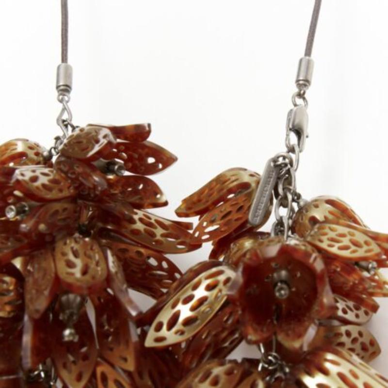 rare BURBERRY brown acetate metal 3D flowers black coated rope necklace For Sale 3