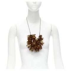 Used rare BURBERRY brown acetate metal 3D flowers coated rope statement necklace
