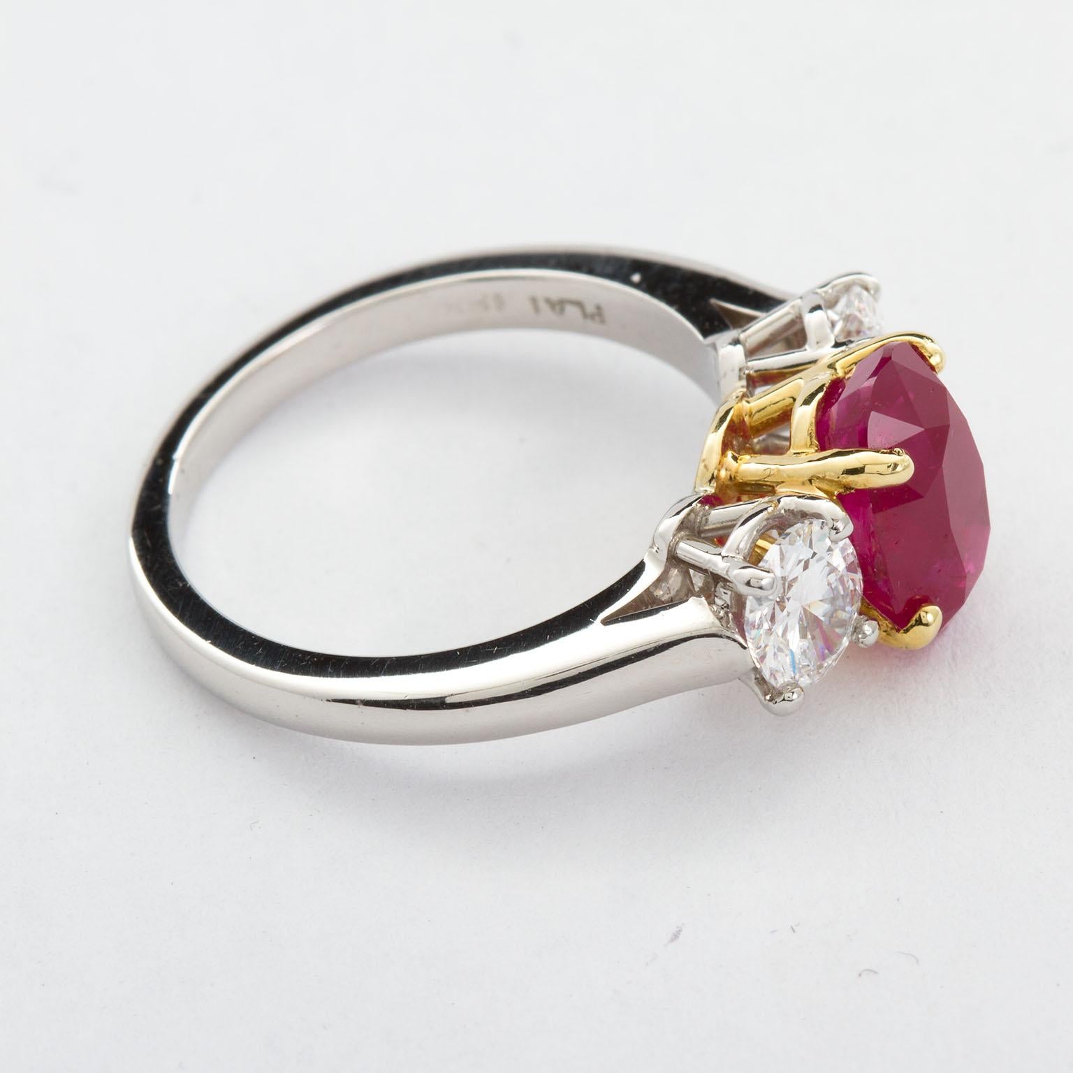 Oval Ruby Diamond Three-Stone Ring  Burma No-Heat 2.64 Carat  For Sale 1