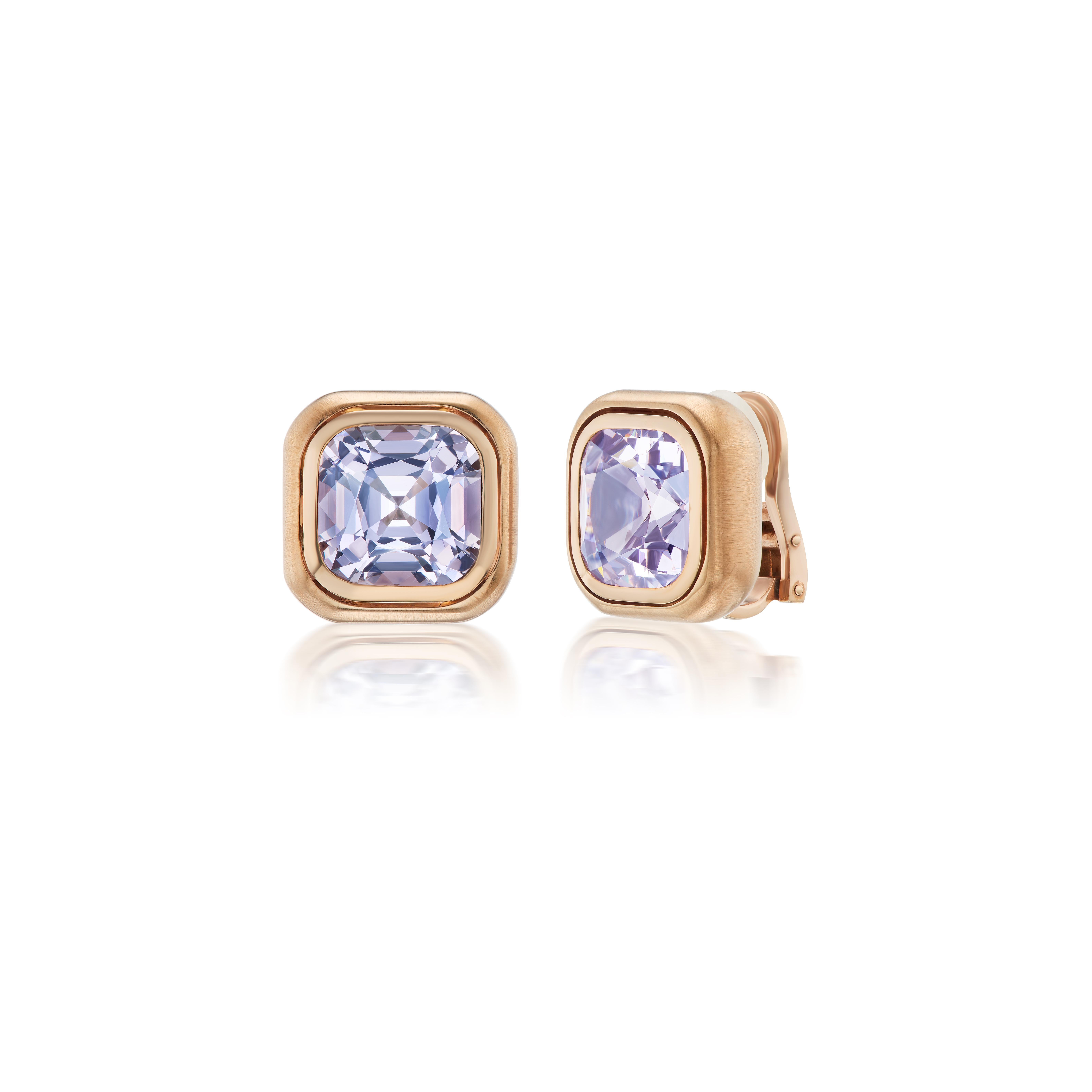Contemporary Rare Burmese Cushion Cut Lavender Spinel Rose Gold Earrings For Sale