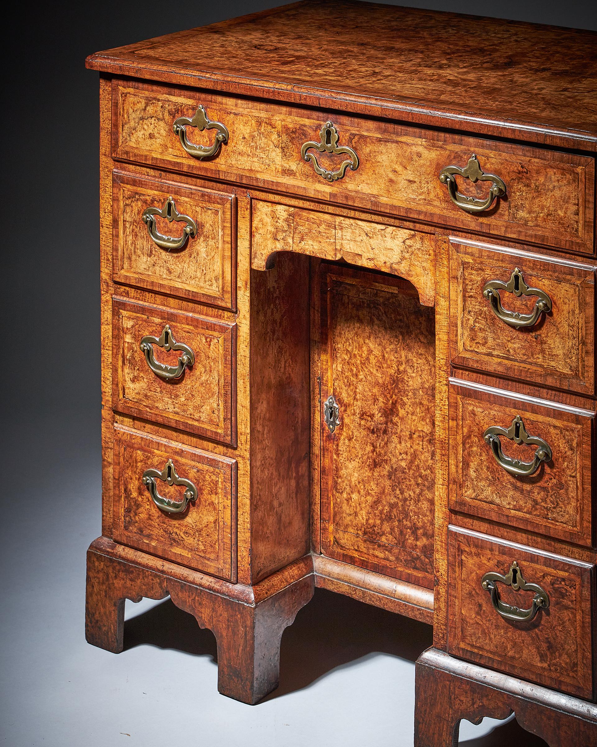 English Rare Burr Walnut George II 18th Century Kneehole Desk, circa 1730-1740, England