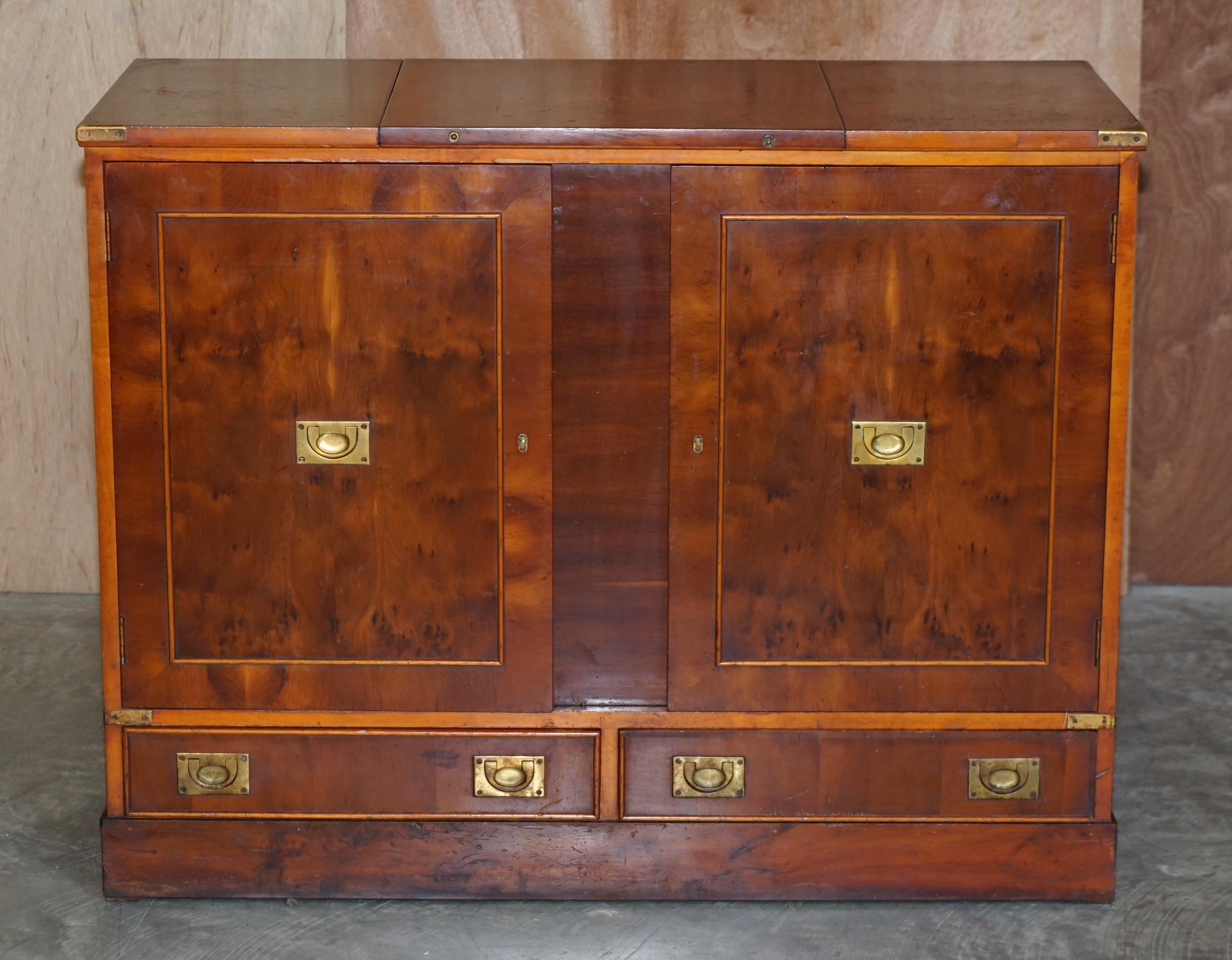 English Rare Burr Yew Wood Military Campaign Gentleman's Dressing Table Chest of Drawers For Sale