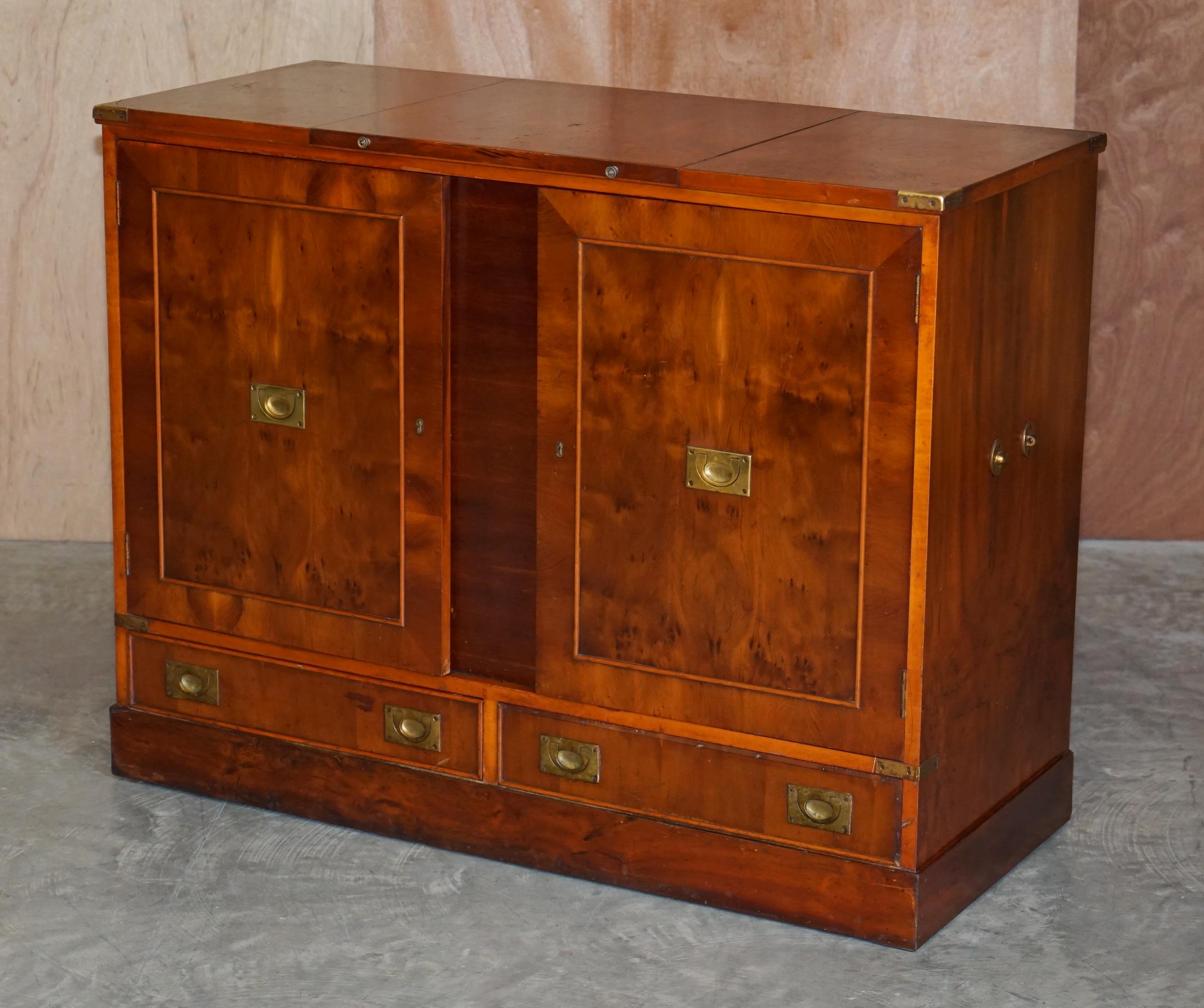 Hand-Crafted Rare Burr Yew Wood Military Campaign Gentleman's Dressing Table Chest of Drawers For Sale