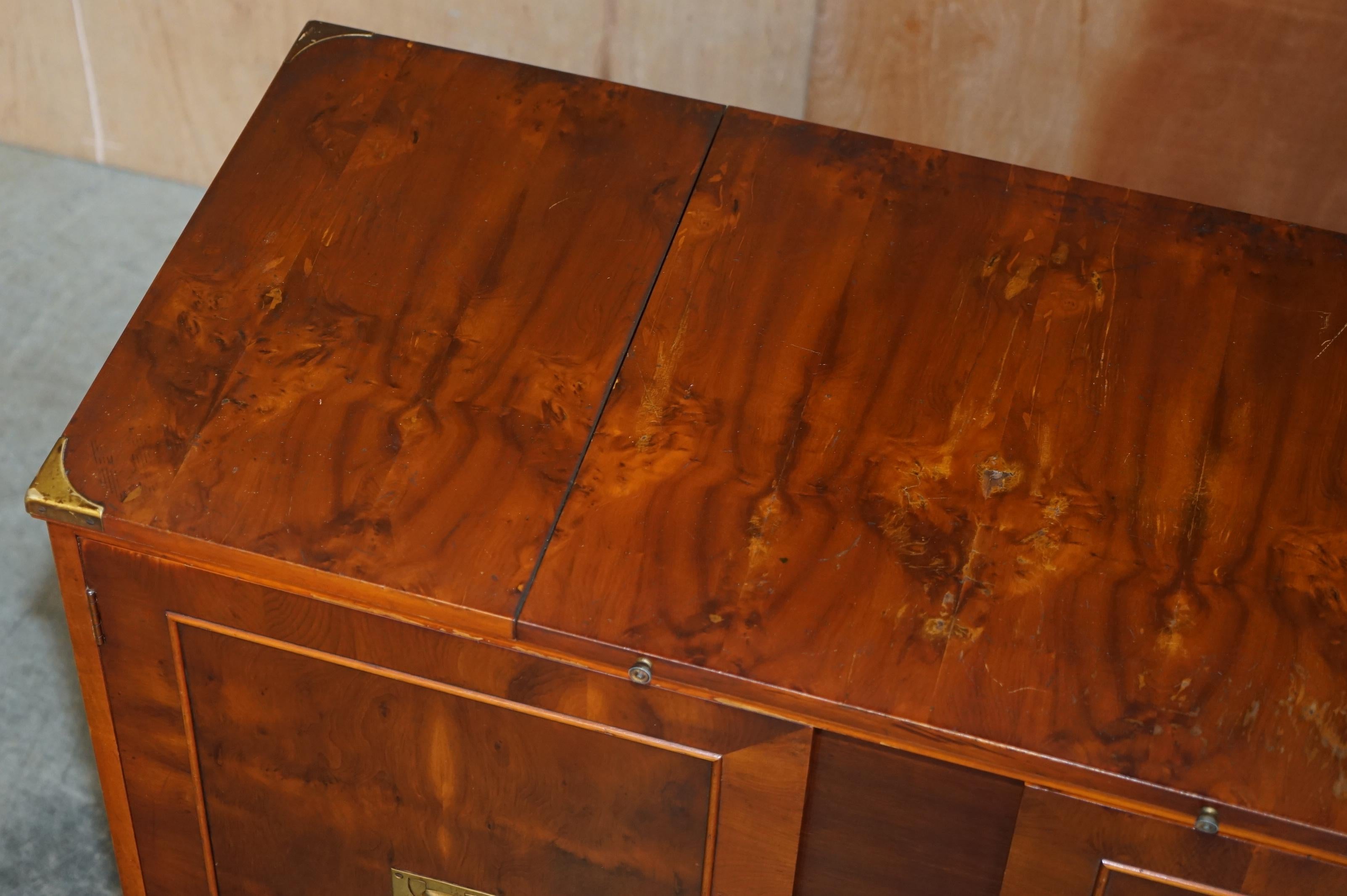 Brass Rare Burr Yew Wood Military Campaign Gentleman's Dressing Table Chest of Drawers For Sale