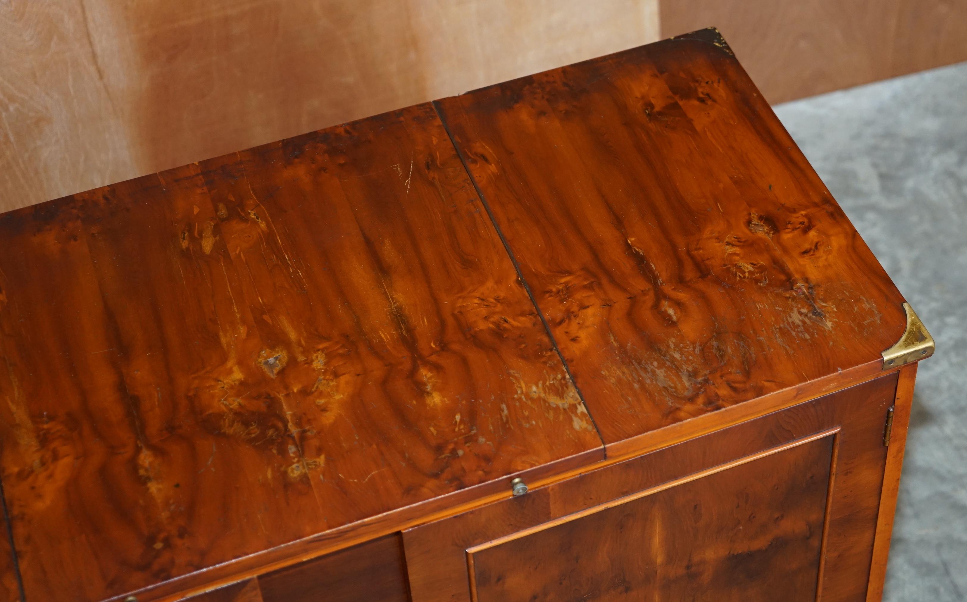 Brass Rare Burr Yew Wood Military Campaign Gentleman's Dressing Table Chest of Drawers
