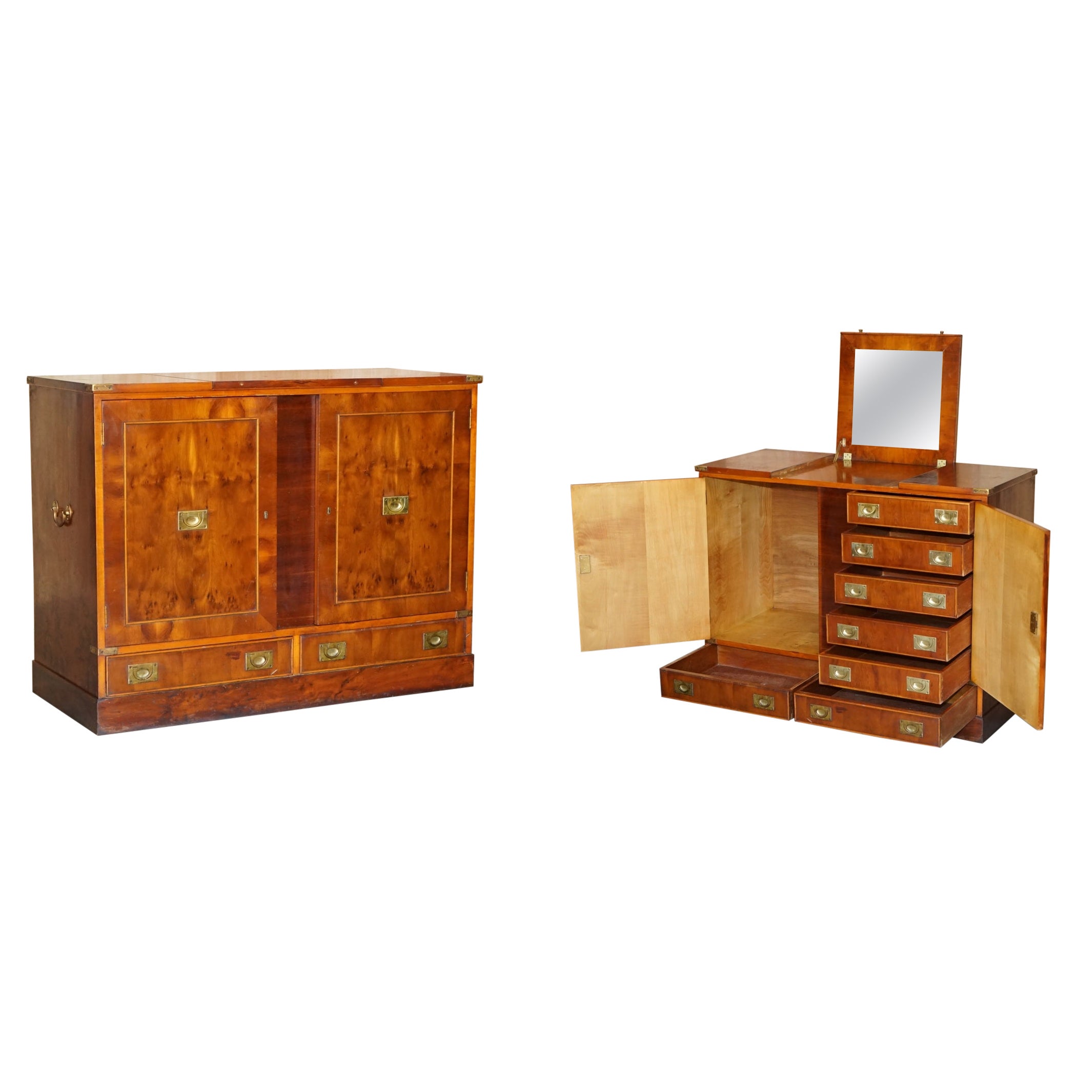 Rare Burr Yew Wood Military Campaign Gentleman's Dressing Table Chest of Drawers