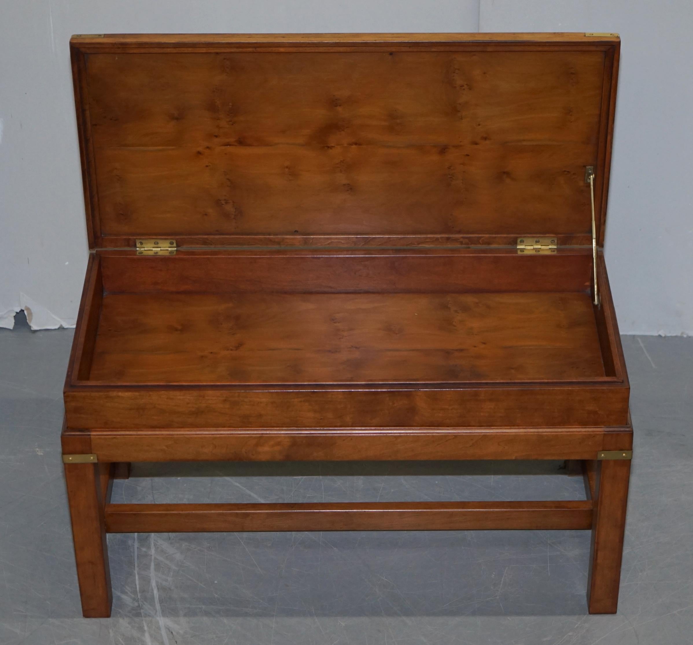 Rare Burr Yew Wood Military Campaign Gun Case Coffee Side Table on Original Base For Sale 8