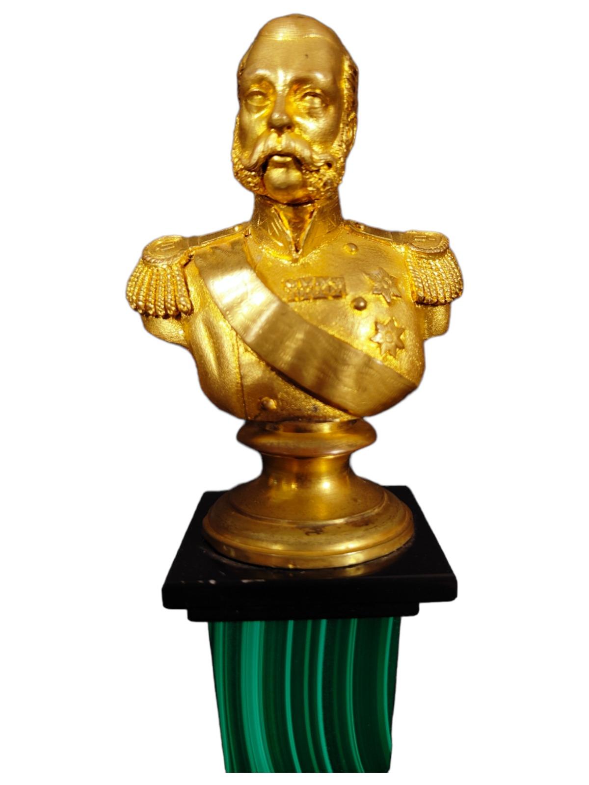 Hand-Crafted Rare Bust of Alexander II in Gilded Bronze on a Malachite Base from the 19th Cen For Sale