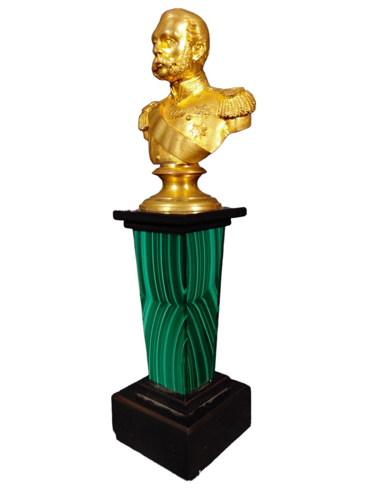 19th Century Rare Bust of Alexander II in Gilded Bronze on a Malachite Base from the 19th Cen For Sale
