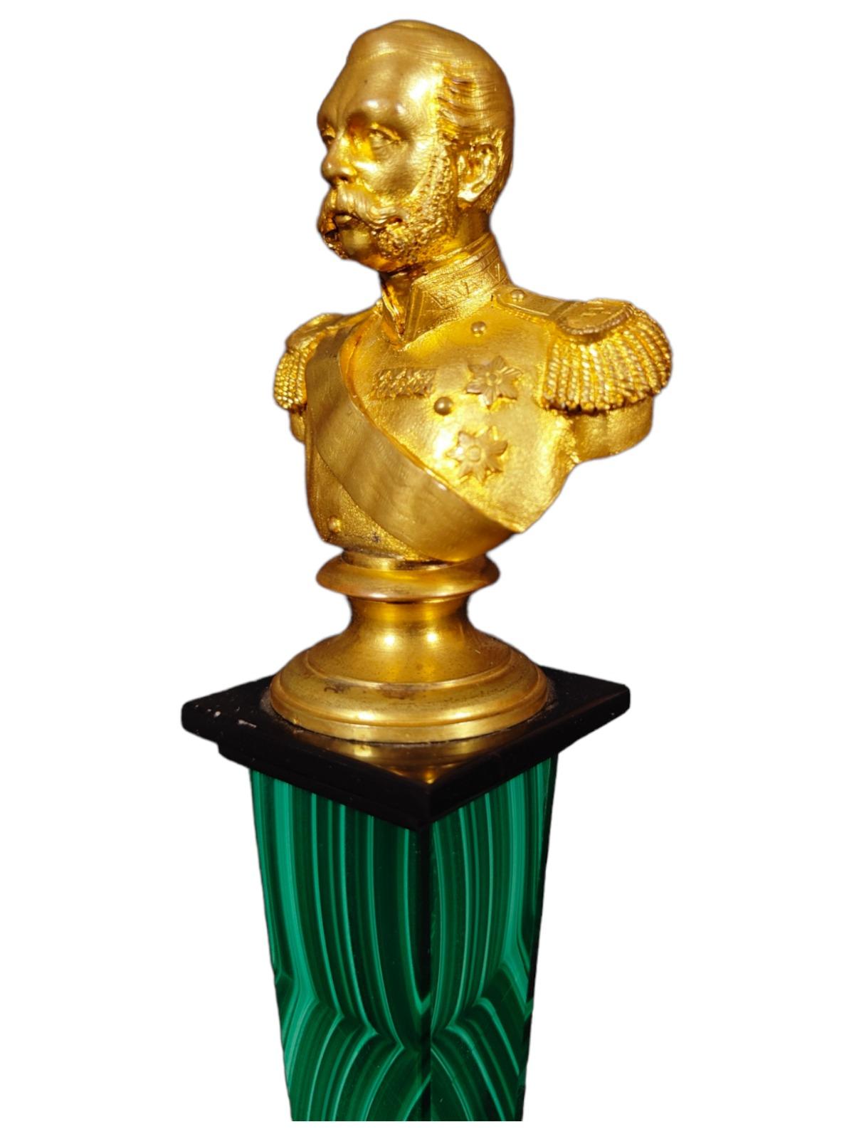 Rare Bust of Alexander II in Gilded Bronze on a Malachite Base from the 19th Cen For Sale 2