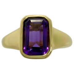 Rare Bvlgari Amethyst Emerald Cut 18k Yellow Gold Signet Bezel Rubover Ring