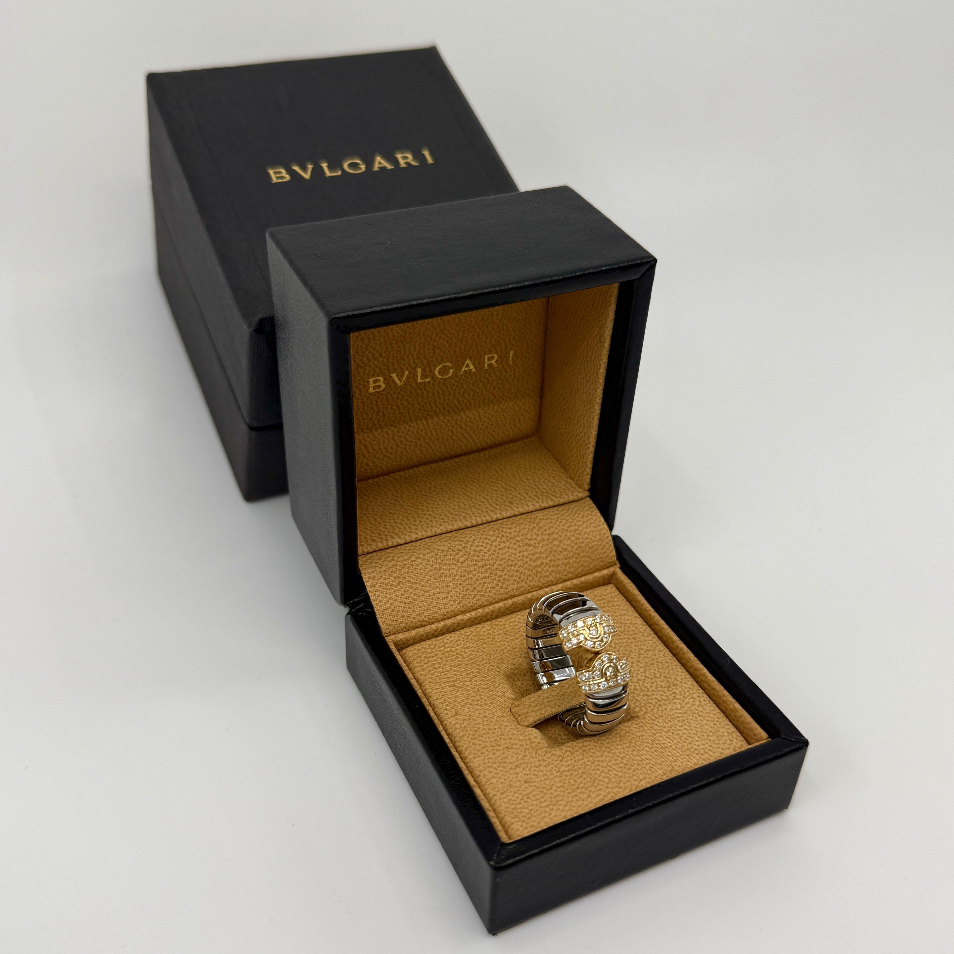 Rare Bvlgari Bulgari Parentesi Tubogas Diamond 18 Karat Gold Steel Band Ring 5