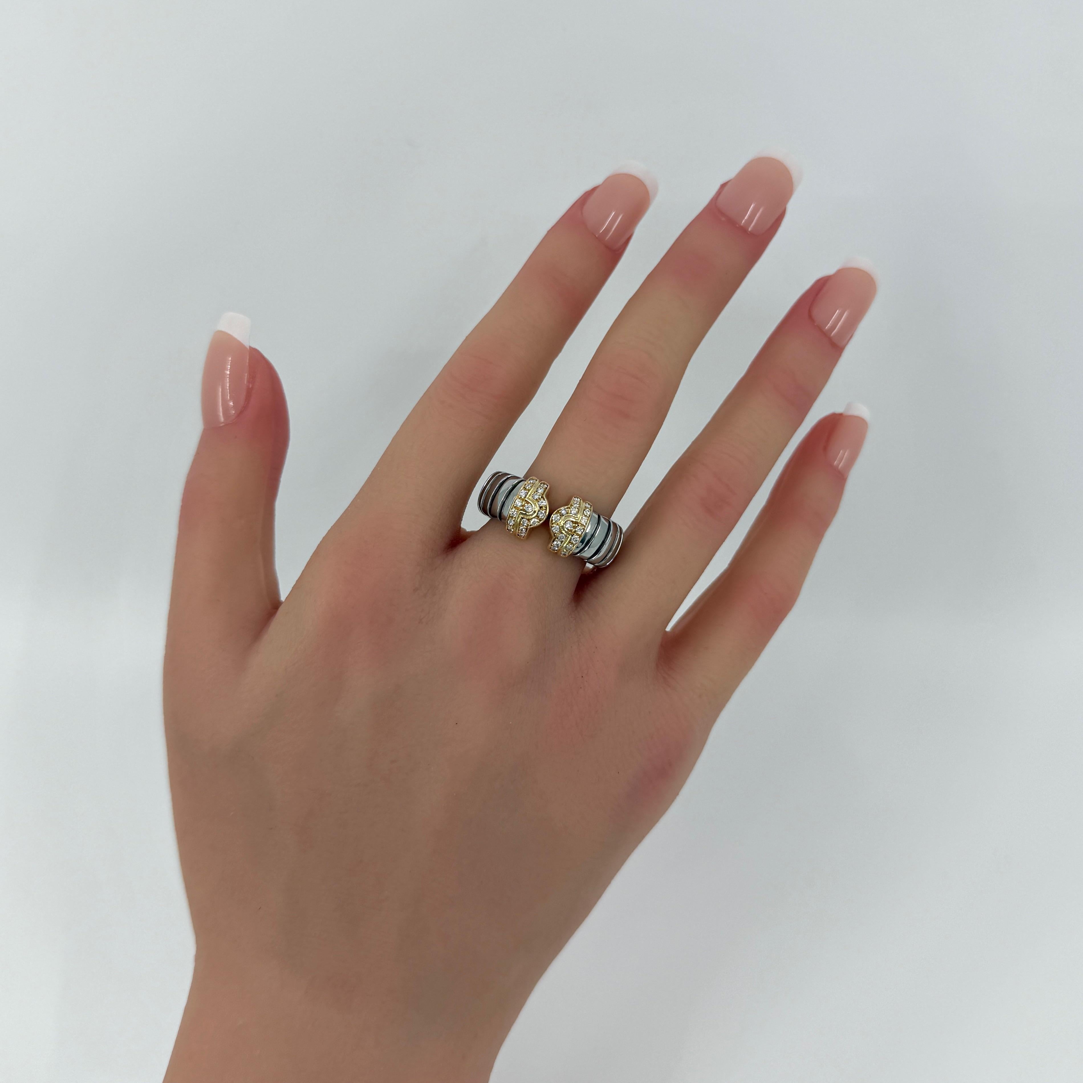 Rare Bvlgari Bulgari Parentesi Tubogas Diamond 18 Karat Gold Steel Band Ring 3