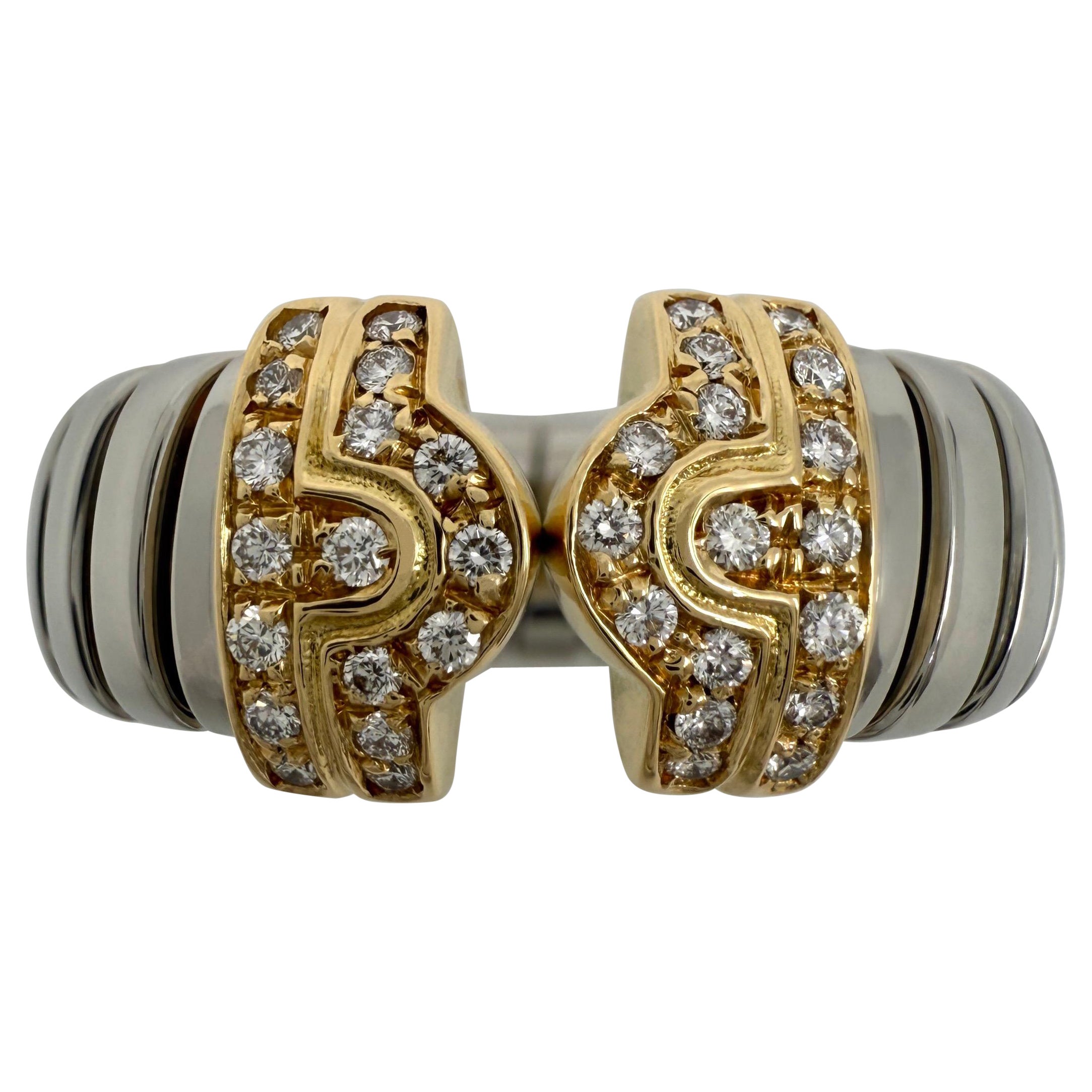 Rare Bvlgari Bulgari Parentesi Tubogas Diamond 18 Karat Gold Steel Band Ring