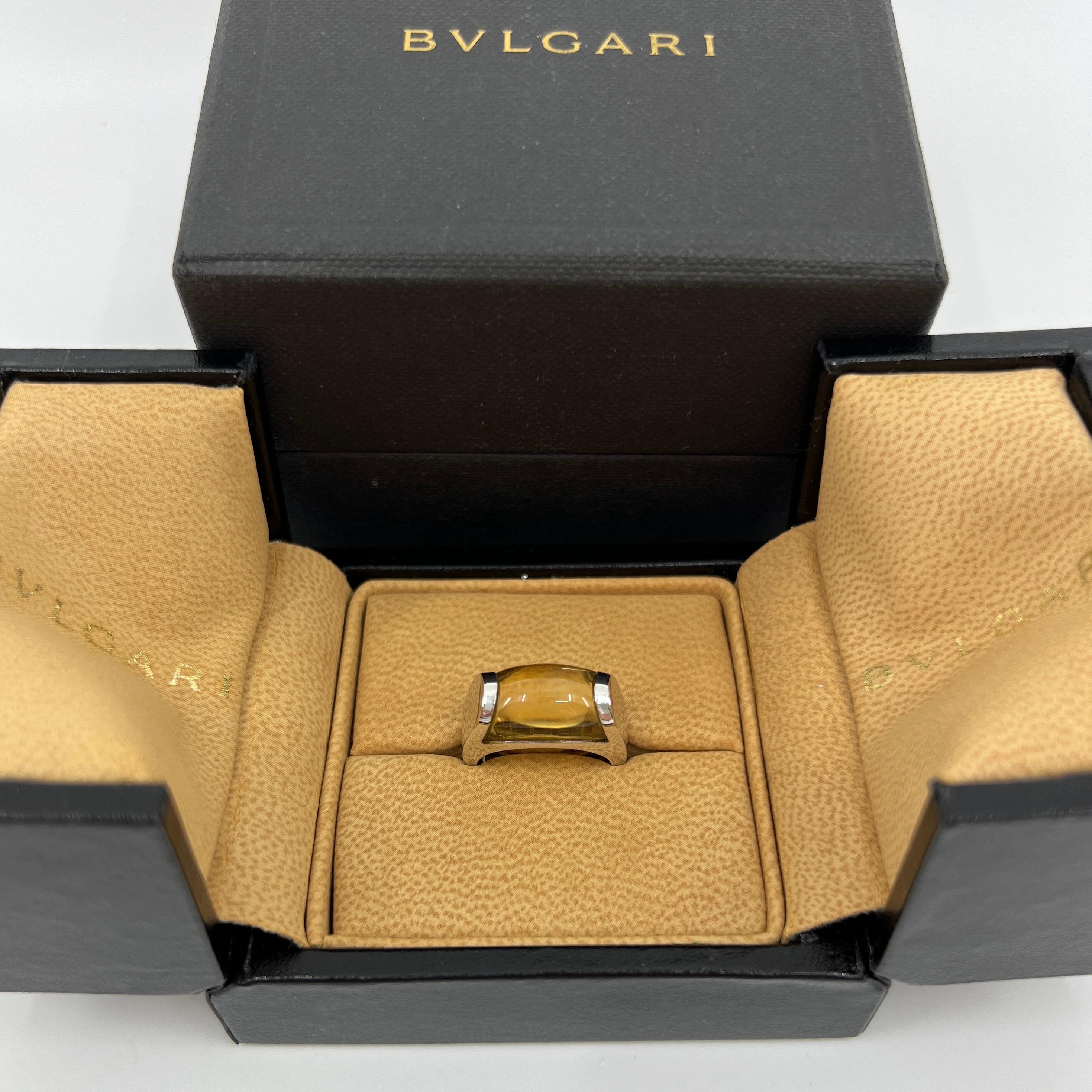 Rare Bvlgari Light Yellow Citrine Tronchetto 18k White Gold Ring.

Beautiful domed yellow citrine set in a fine 18k white gold tension set ring.

In excellent condition, has been professionally polished and cleaned.

Ring size: UK J1/2 - US 5 - EU