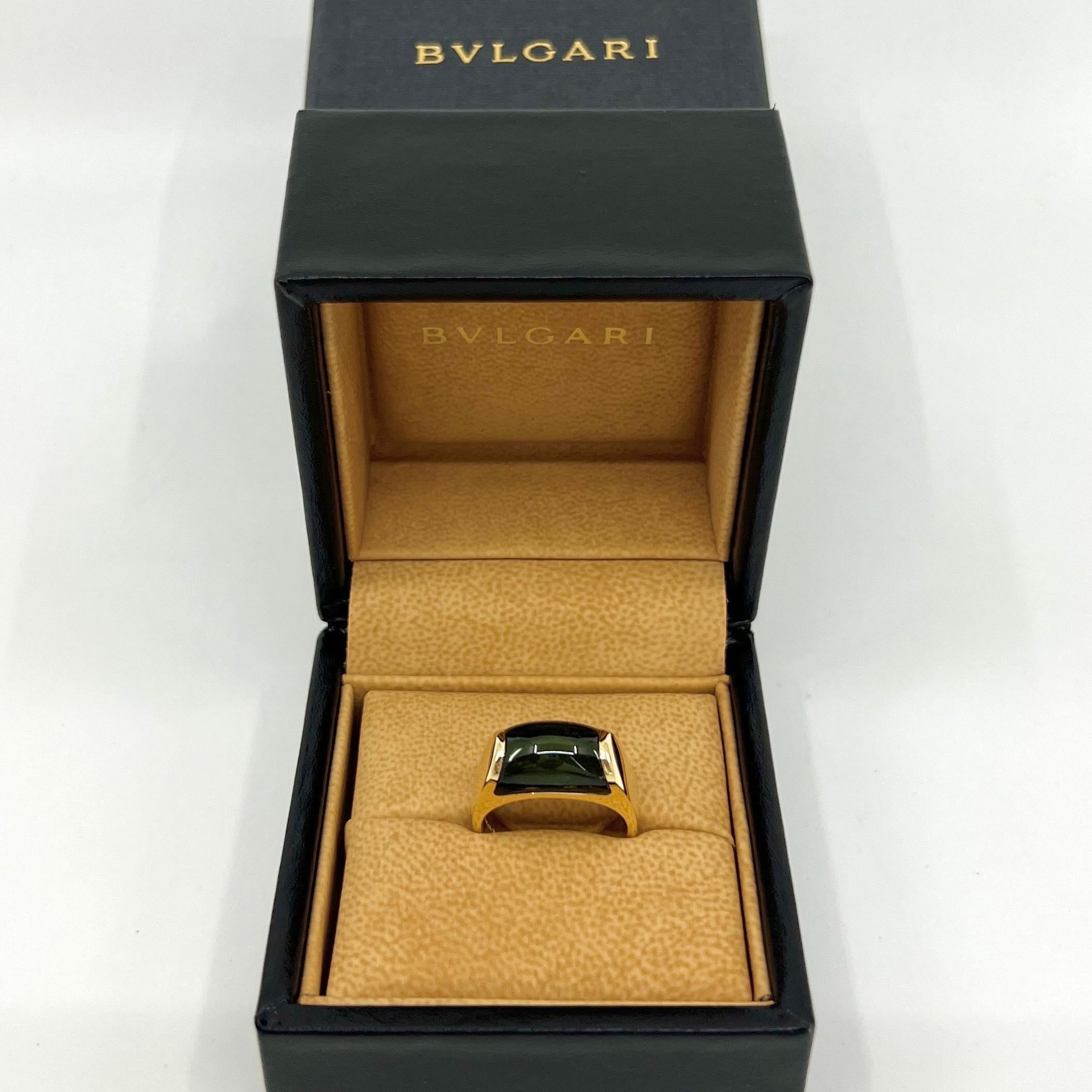 Rare Bvlgari Bulgari Tronchetto 18k Yellow Gold Green Tourmaline Ring with Box For Sale 5