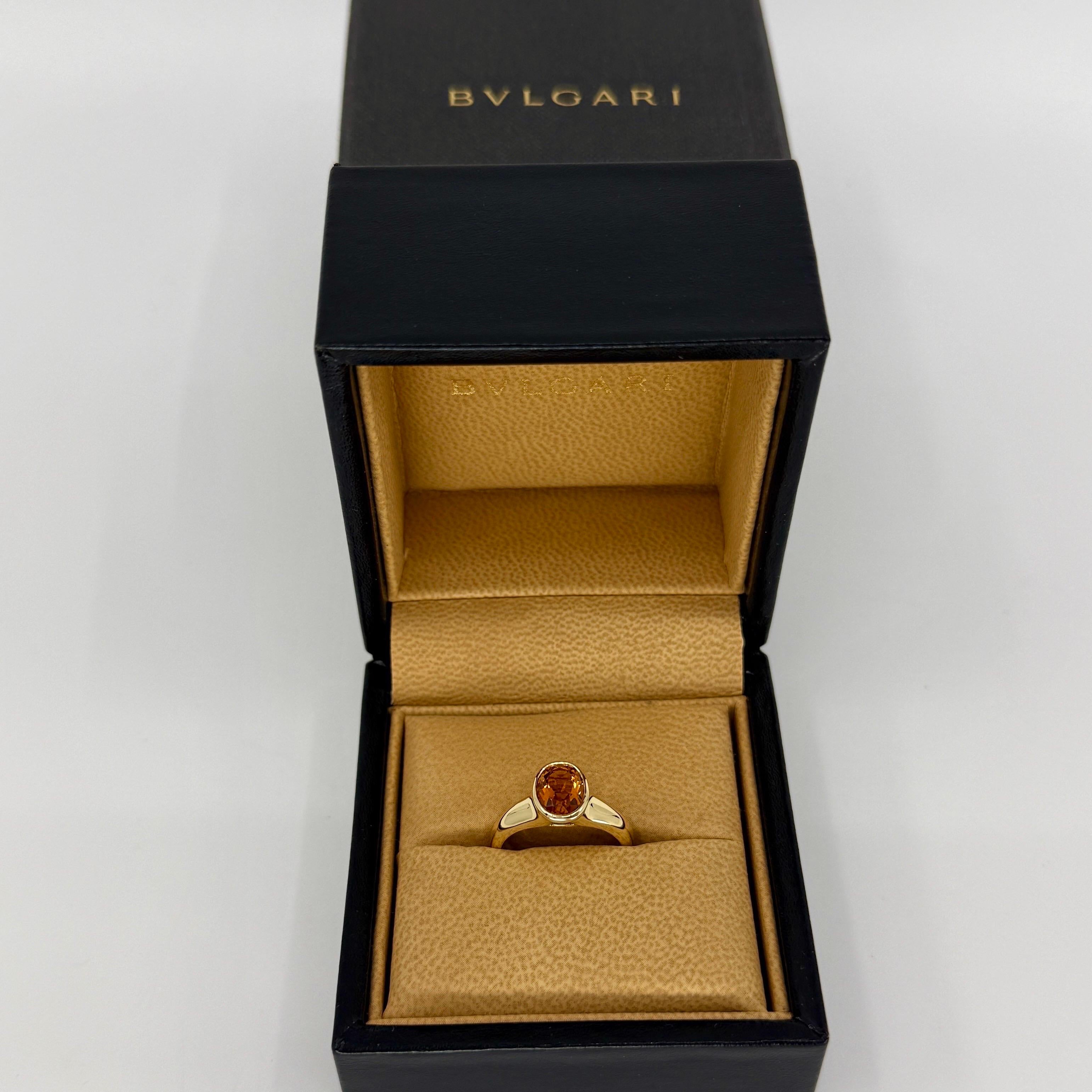Rare Vintage Bvlgari Oval Cut Citrine 18k Yellow Gold Signet Style Ring.

This rare Bvlgari ring features a top grade ovalm cut vivid yellow orange citrine set in a fine 18k yellow gold ring. 
Gemstone measures 10x8mm with excellent colour and