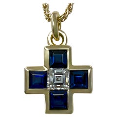 Rare Bvlgari Greek Cross Blue Sapphire Diamond 18k Yellow Gold Pendant Necklace