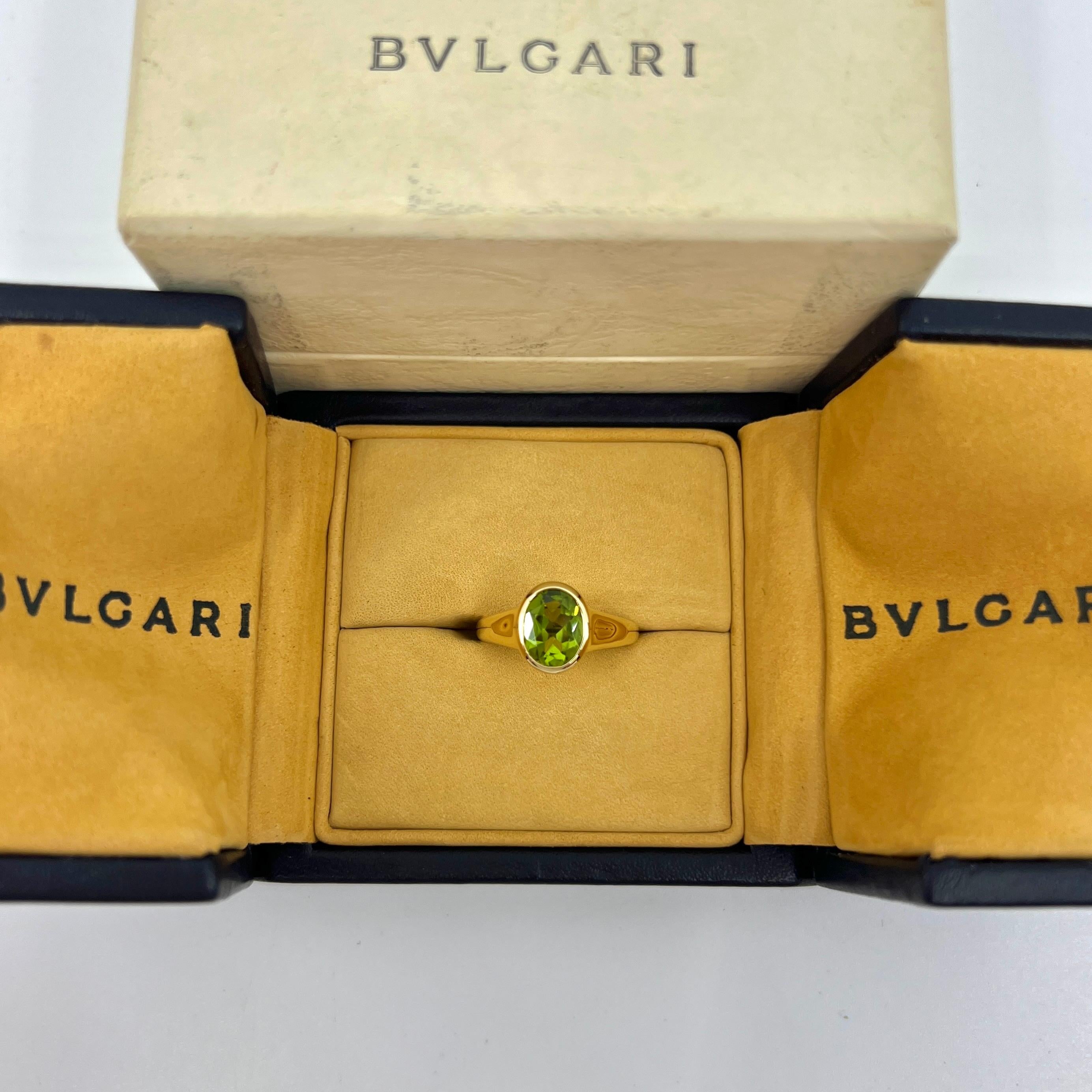 Oval Cut Rare Bvlgari Green Peridot Oval 18k Yellow Gold Signet Style Bezel Rubover Ring