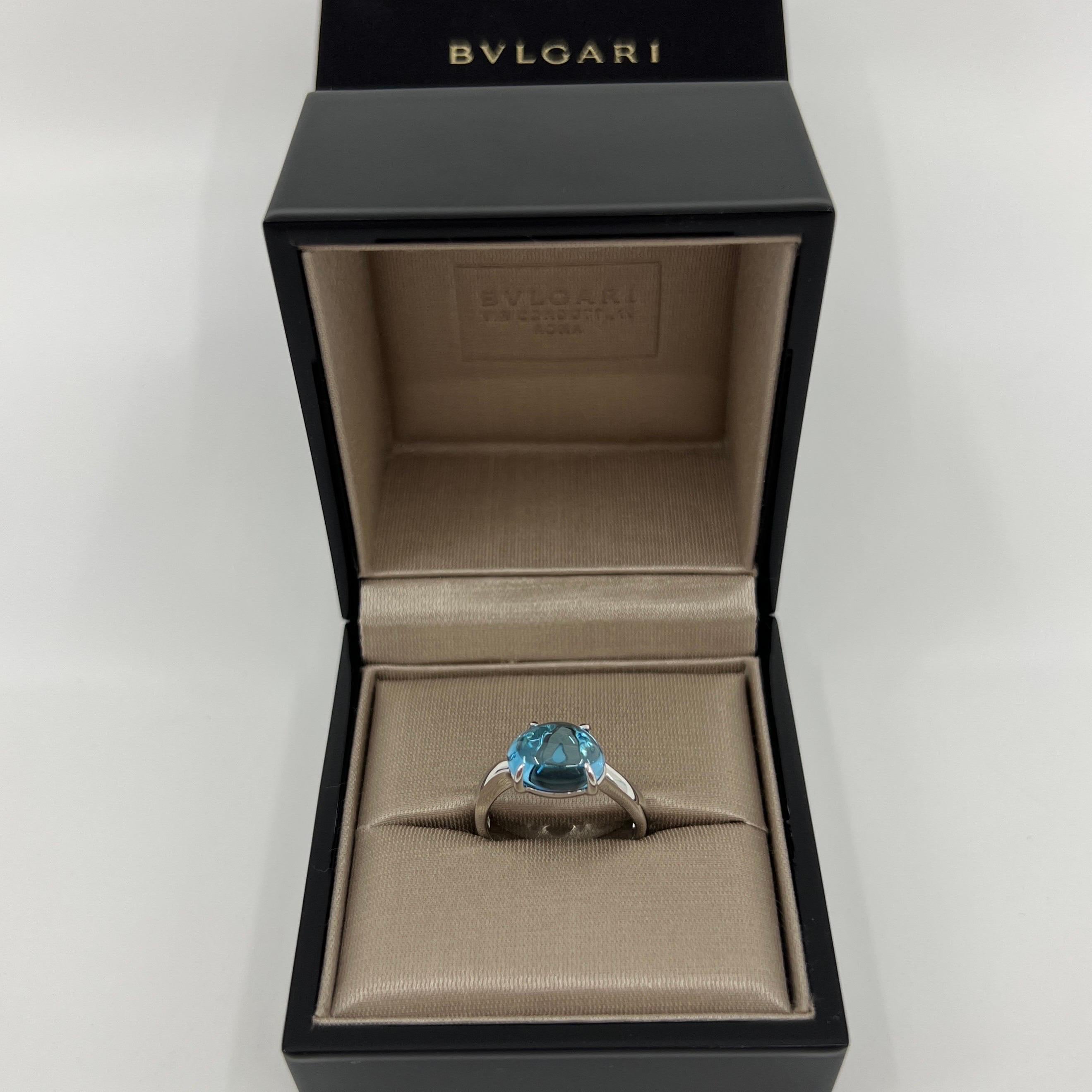 Bvlgari Mediterranean Eden Natural Pear Cut Topaz Cabochon 18k White Gold Ring.

Rare Bvlgari ring featuring a beautiful pear cut cabochon Swiss blue topaz from their Mediterranean Eden range. Fine jewellery houses like Bvlgari only use the finest