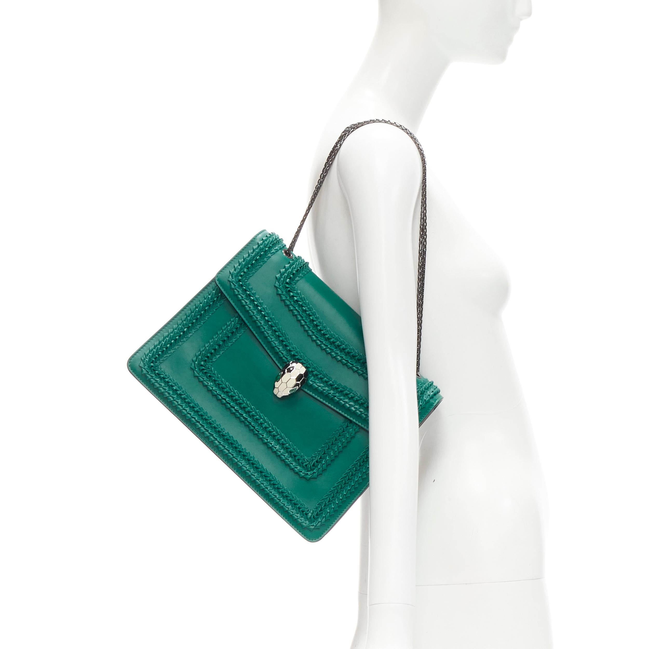 rare BVLGARI Serpenti Foever Large green whipstitch snake head flap shoulder bag
Brand: Bvlgari
Model: Serpenti Forever
Collection: Serpenti Forever 
Extra Detail: Kelly green leather. Pinched leather in whipstitching detail trim. Enamel Serpent