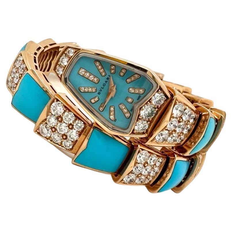 Rare Bvlgari Serpenti Watch in 18K Yellow Gold, Turquoises & Diamonds Ref 102786 For Sale