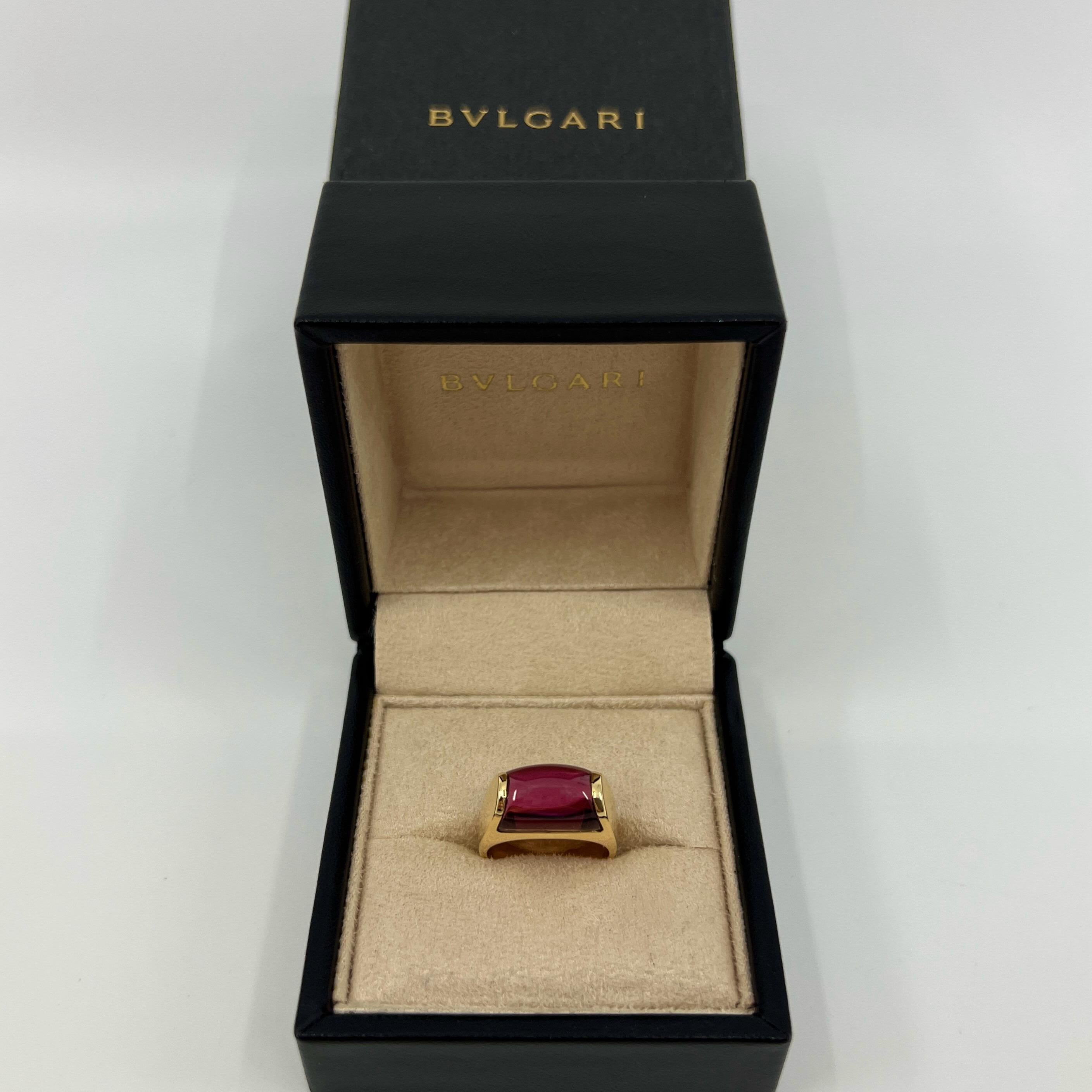 Rare Bvlgari Pink Rubellite Tourmaline Tronchetto 18k Yellow Gold Ring.

Beautiful domed rubellite pink tourmaline set in a fine 18k yellow gold tension set ring.

In excellent condition, has been professionally polished and cleaned.

Ring size: UK
