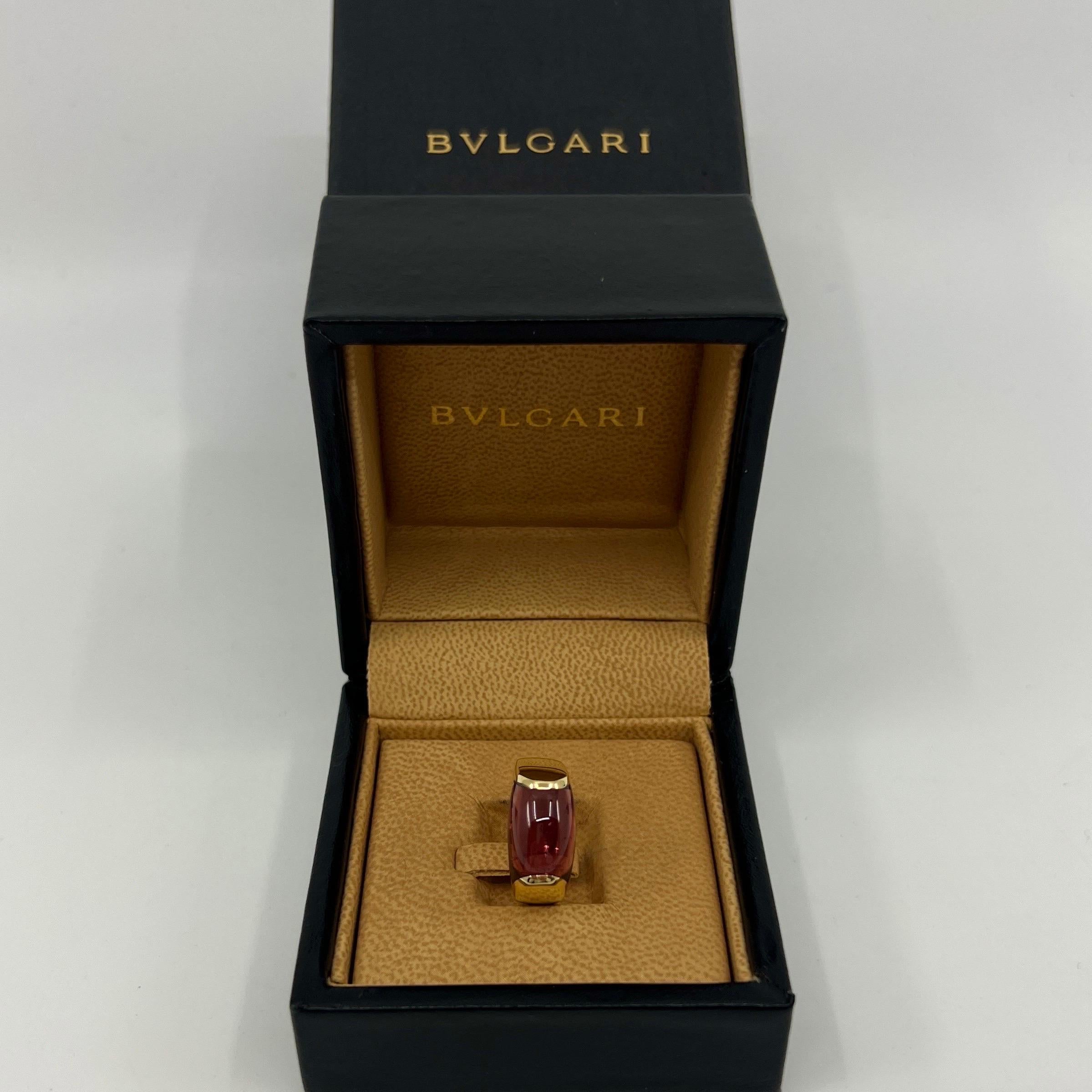 Vintage Bvlgari Pink Rubellite Tourmaline Tronchetto 18k Yellow Gold Ring.

Beautiful domed rubellite pink tourmaline set in a fine 18k yellow gold tension set ring. 

Ring size UK L1/2 - US 6 - EU52. Some resizing possible. Please message us with