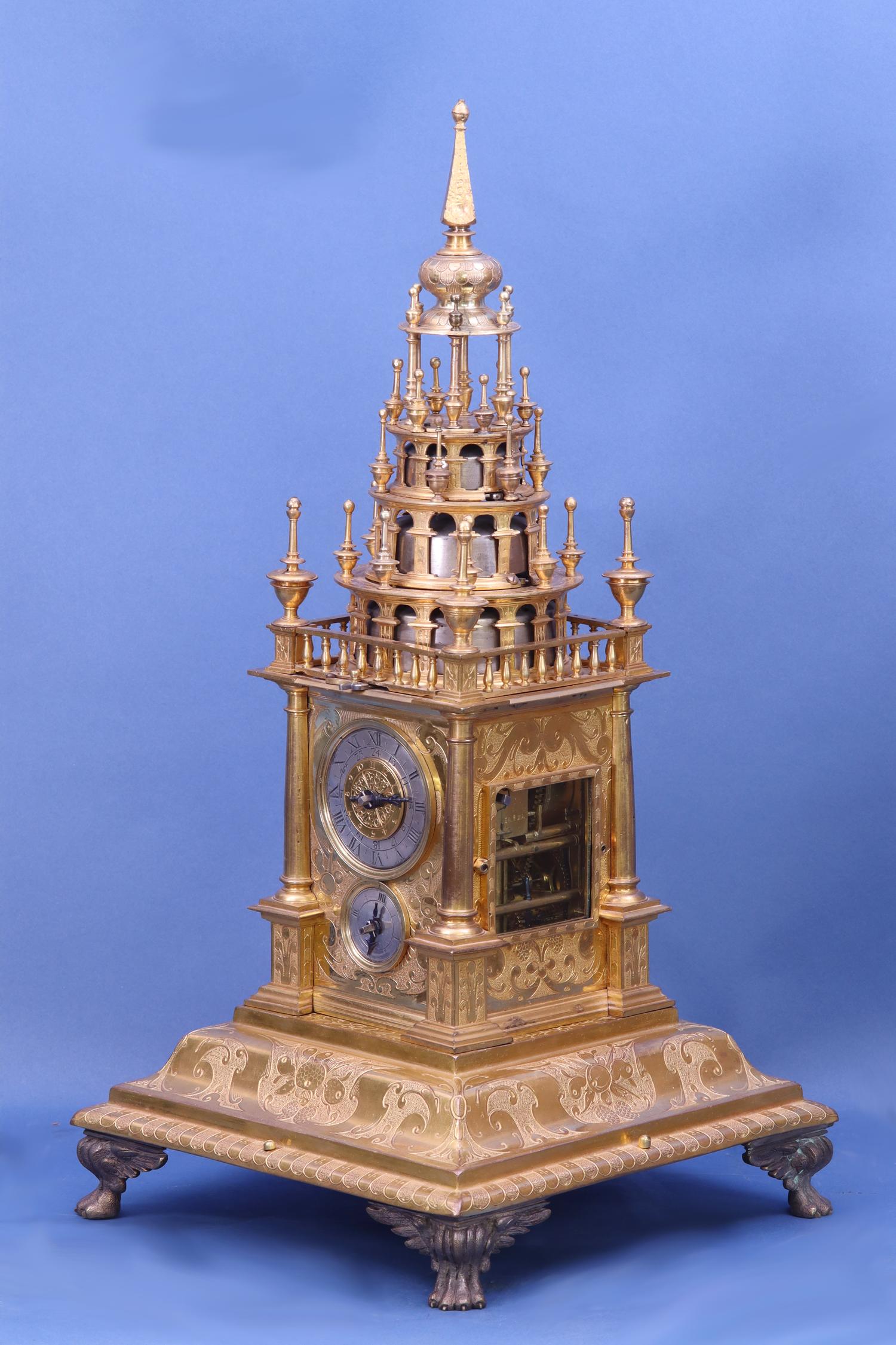 Maker:	
Samuel Haug, Augsburg. Germany.

Description:	
An early 17th century gilt-copper quarter-striking table clock with alarm and adjustable striking by Samuel Haug of Augsburg.

Case:	
The elaborately engraved Augsburg style case has an ogee