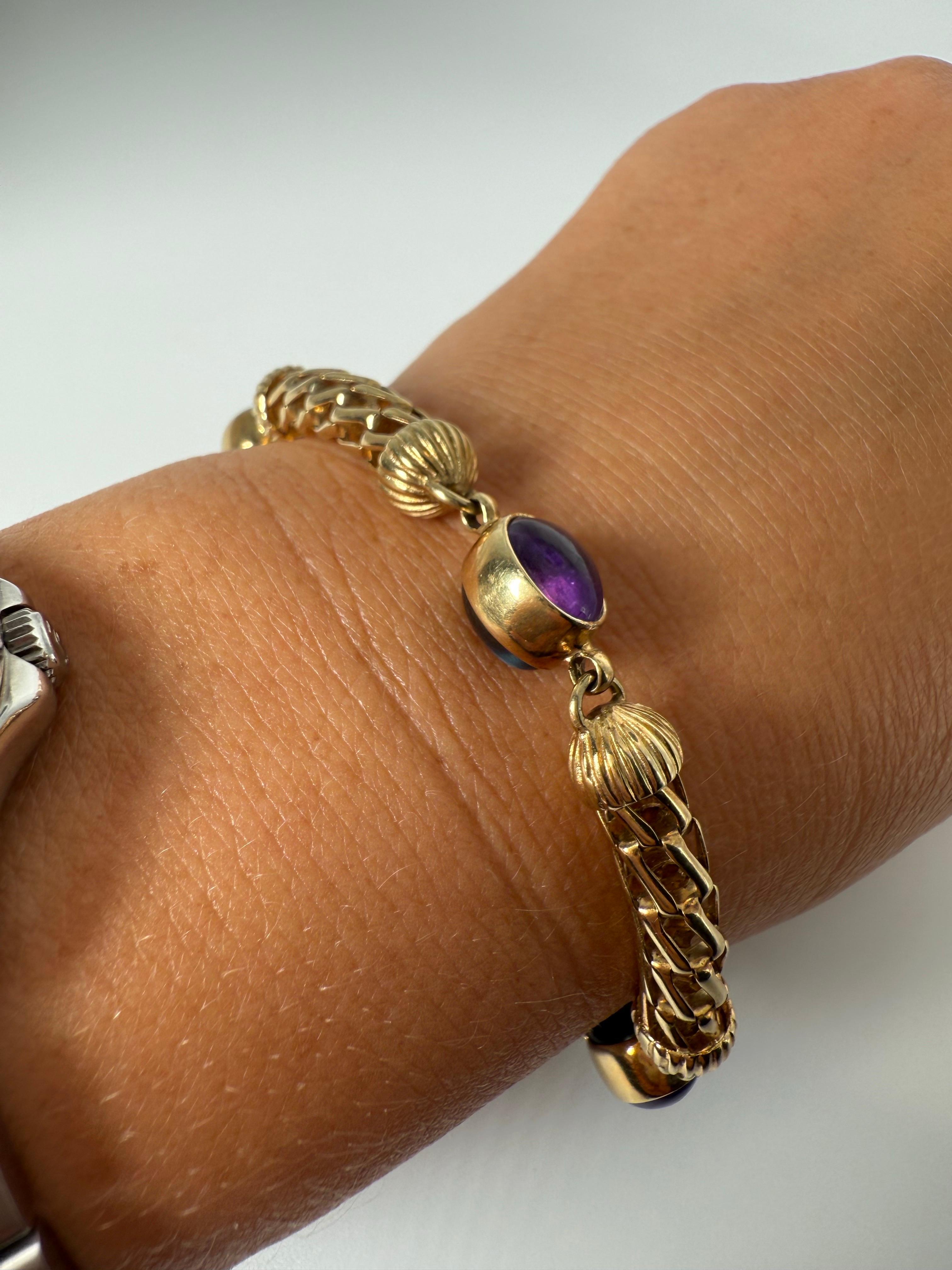 Rare bracelet de style Art déco en or 14 carats avec topaze et améthyste cabochon Excellent état - En vente à Jupiter, FL