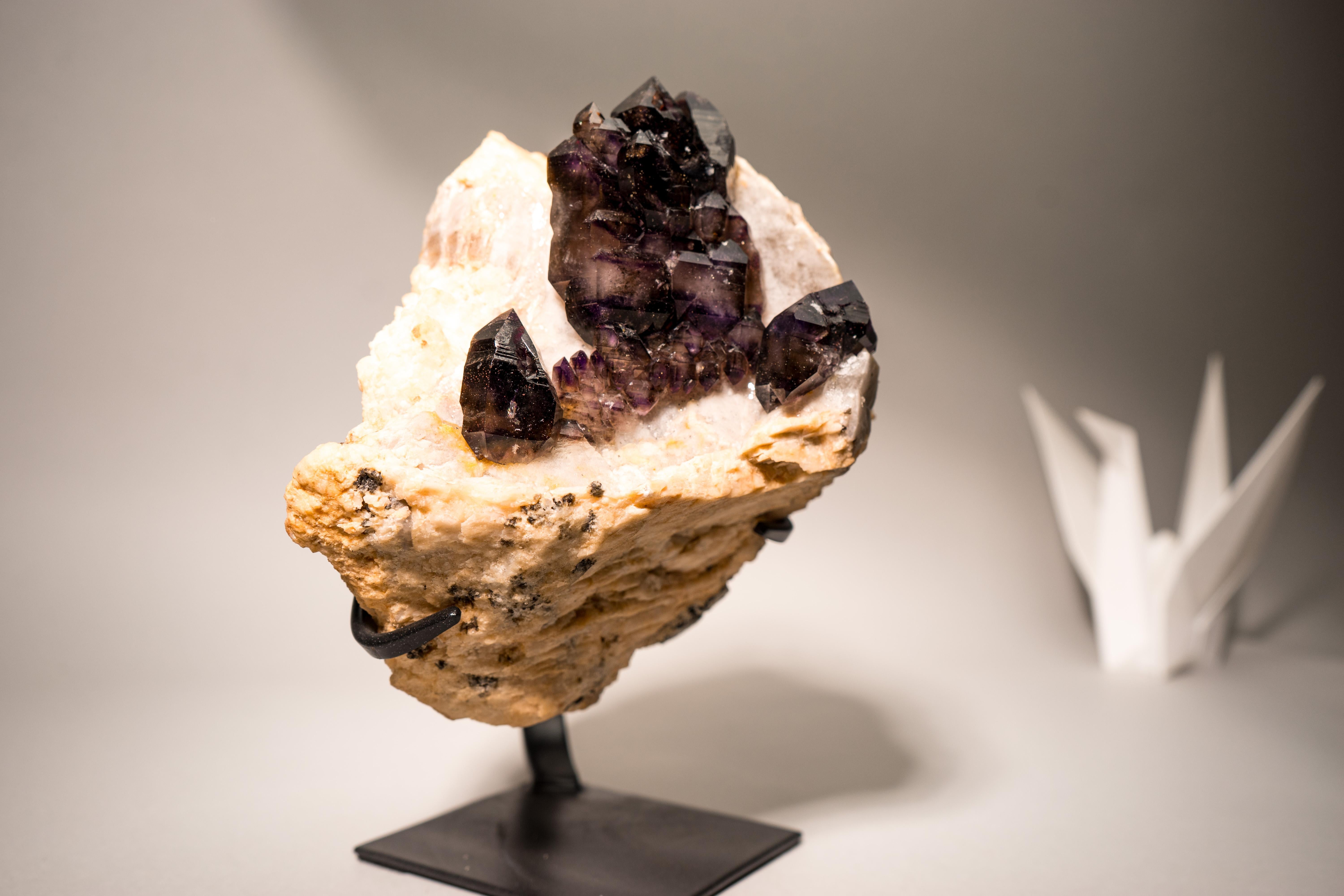 Brazilian Rare Cacoxenite Amethyst Elestial Cluster on Feldspar & Quartz Matrix For Sale