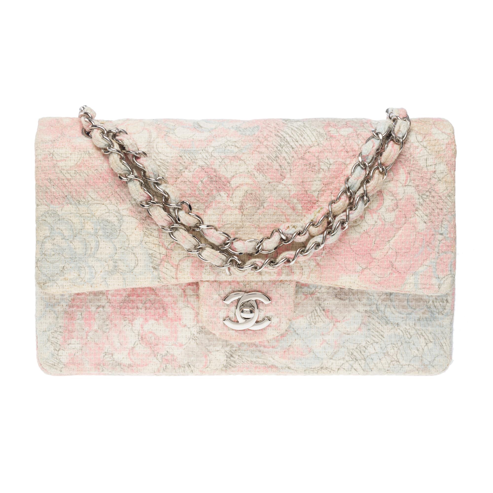 Amazing​ ​&​ ​Rare​ ​Chanel​ ​Timeless​ ​Camellia​ ​limited​ ​edition​ ​double​ ​flap​ ​shoulder​ ​bag​ ​in​ ​multicoloured​ ​quilted​ ​Tweed​ ​(pastel​ ​colors​ ​pink,​ ​gray,​ ​ivory),​ ​silver​ ​metal​ ​trim,​ ​silver​ ​metal​ ​handle​