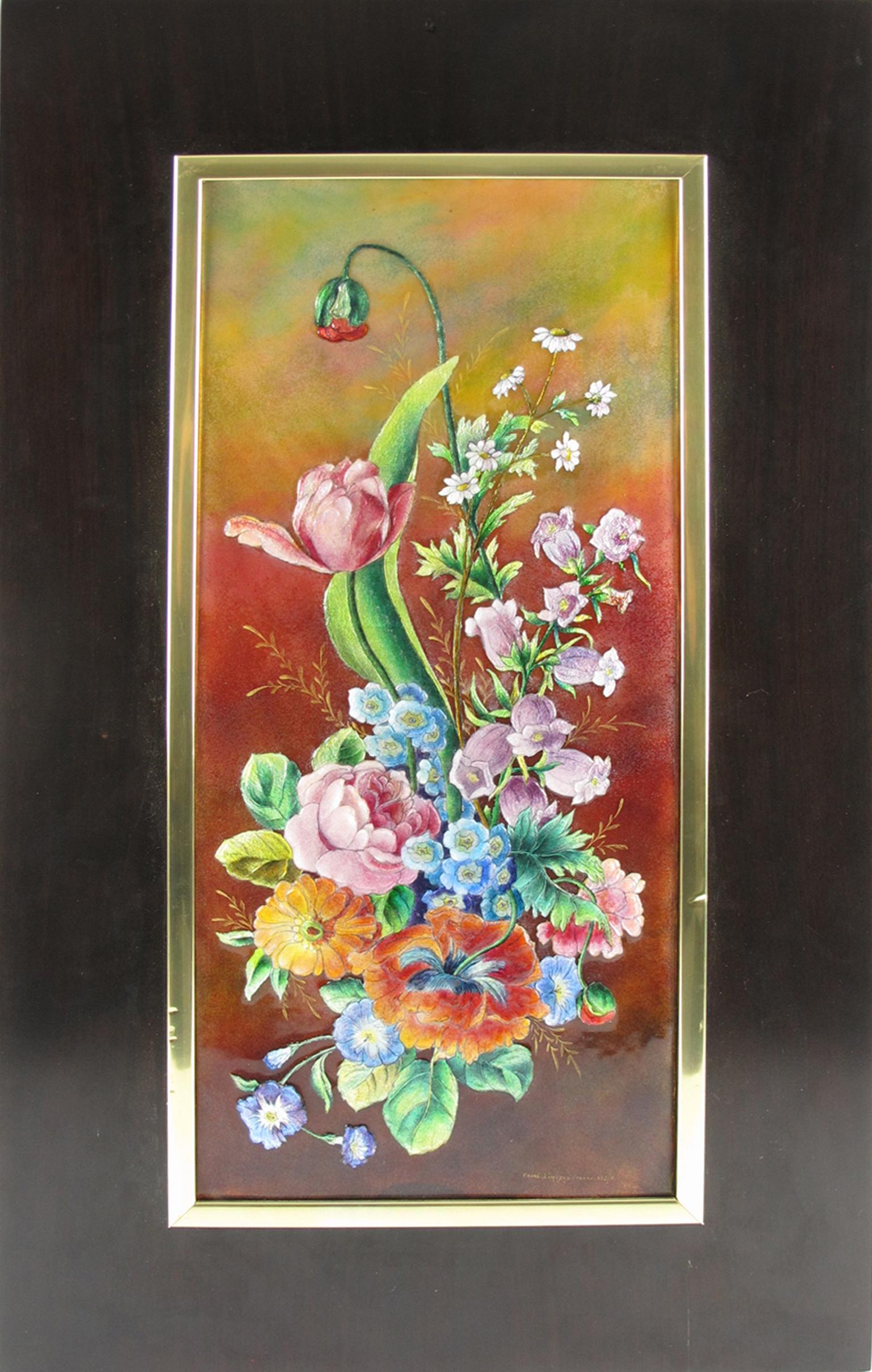 Camille Faure designed this stunning enamel plaque in Limoges. The rare piece was crafted in France circa 1940. This is a unique, limited edition, numbered two out of eight artworks produced. The gorgeous floral design is named 