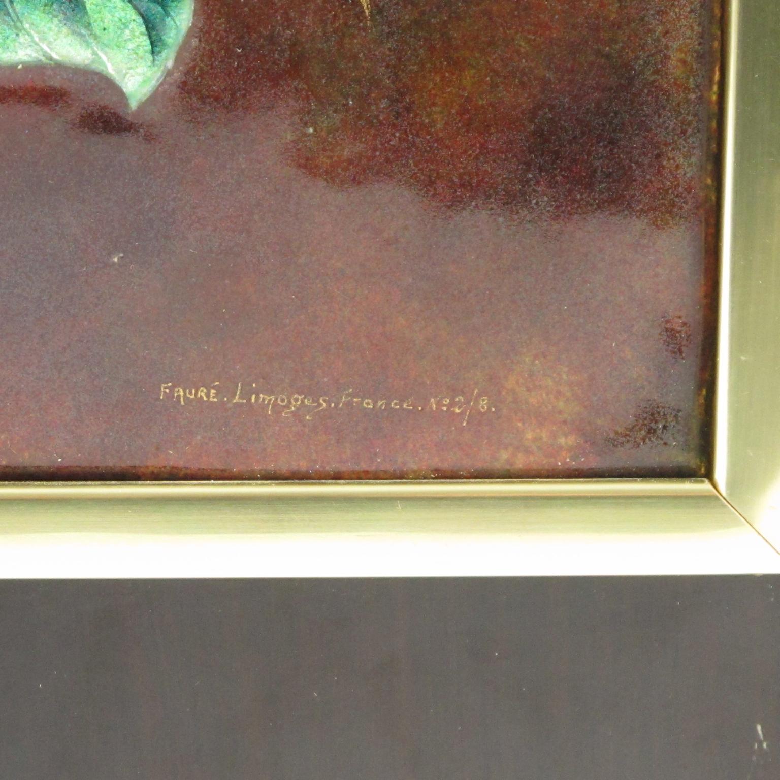 French Rare Camille Faure Limoges Enamel Floral Artwork Plaque Frame, circa 1940 For Sale