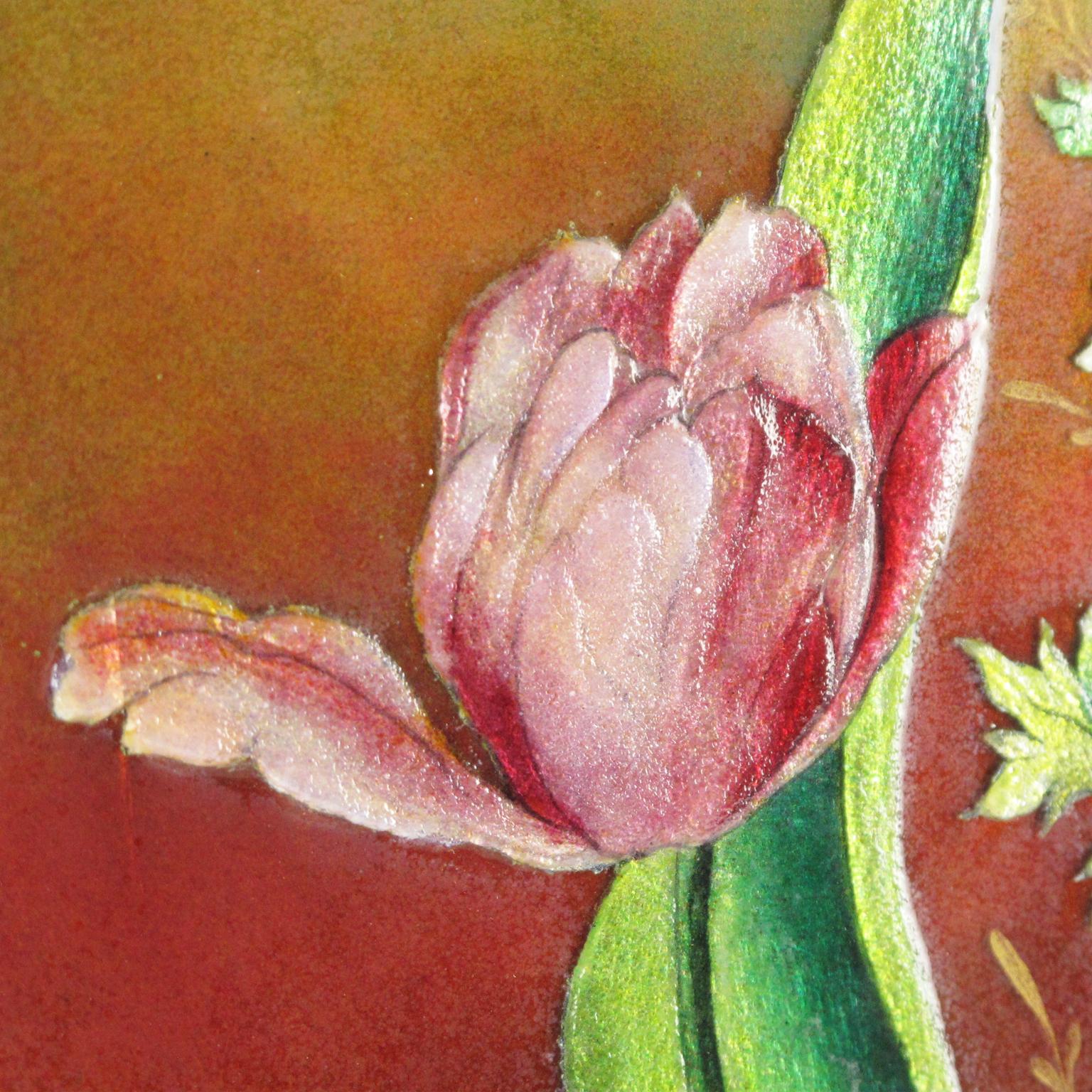 20th Century Rare Camille Faure Limoges Enamel Floral Artwork Plaque Frame, circa 1940 For Sale