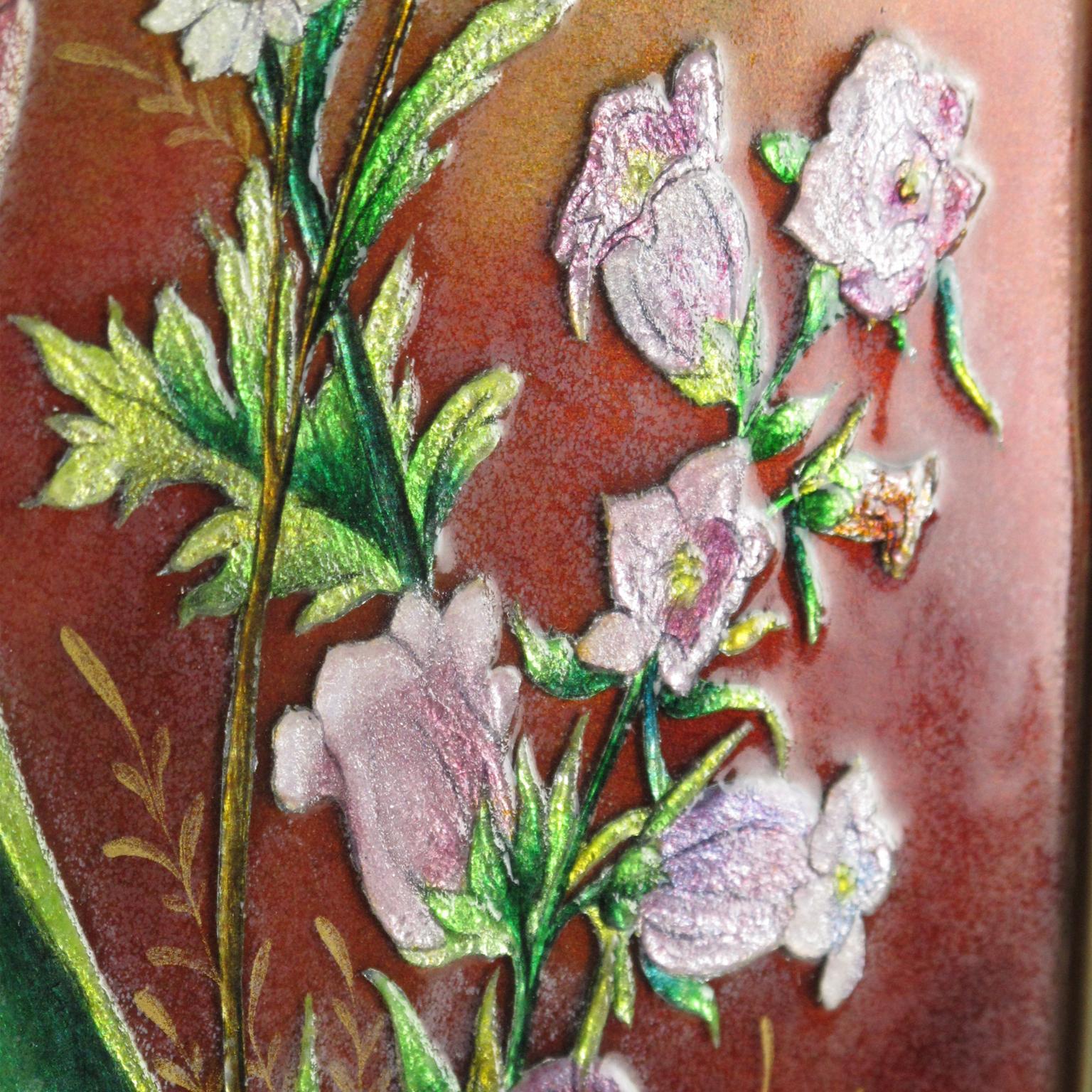Metal Rare Camille Faure Limoges Enamel Floral Artwork Plaque Frame, circa 1940 For Sale