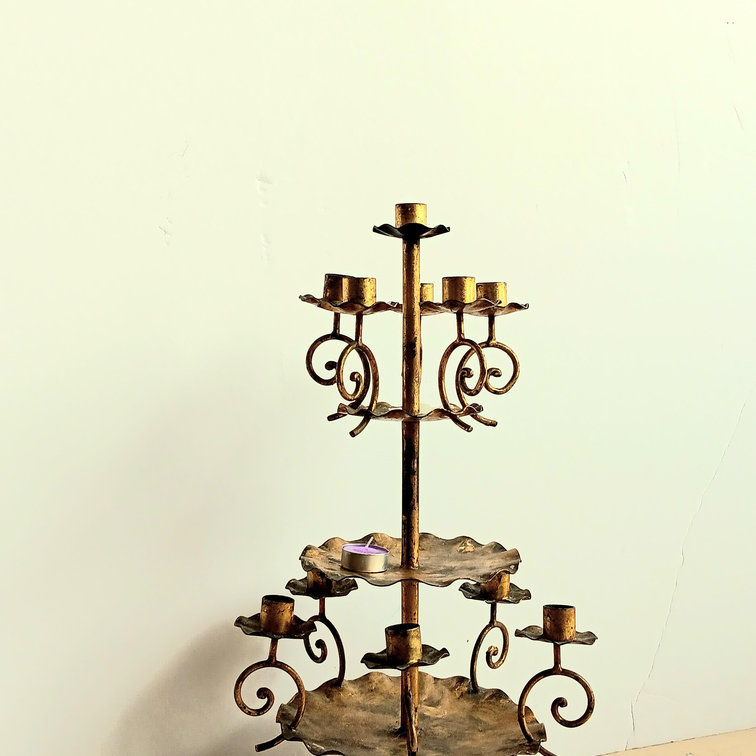 Rare Candlesticks Large, 11 Candles , Wrought Iron Gold Leaf Early 20th Century For Sale 7