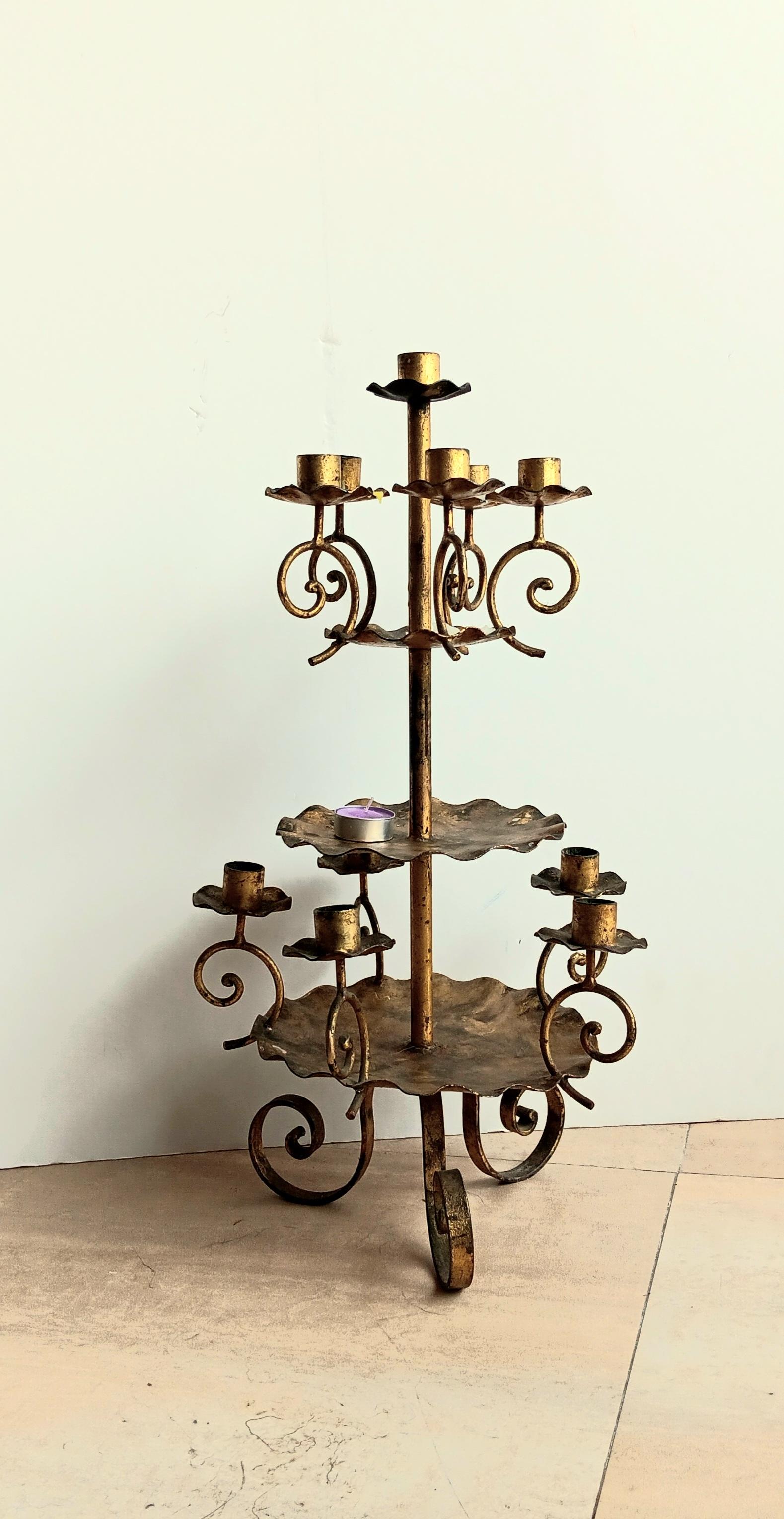 Rare Candlesticks Large, 11 Candles , Wrought Iron Gold Leaf Early 20th Century For Sale 8