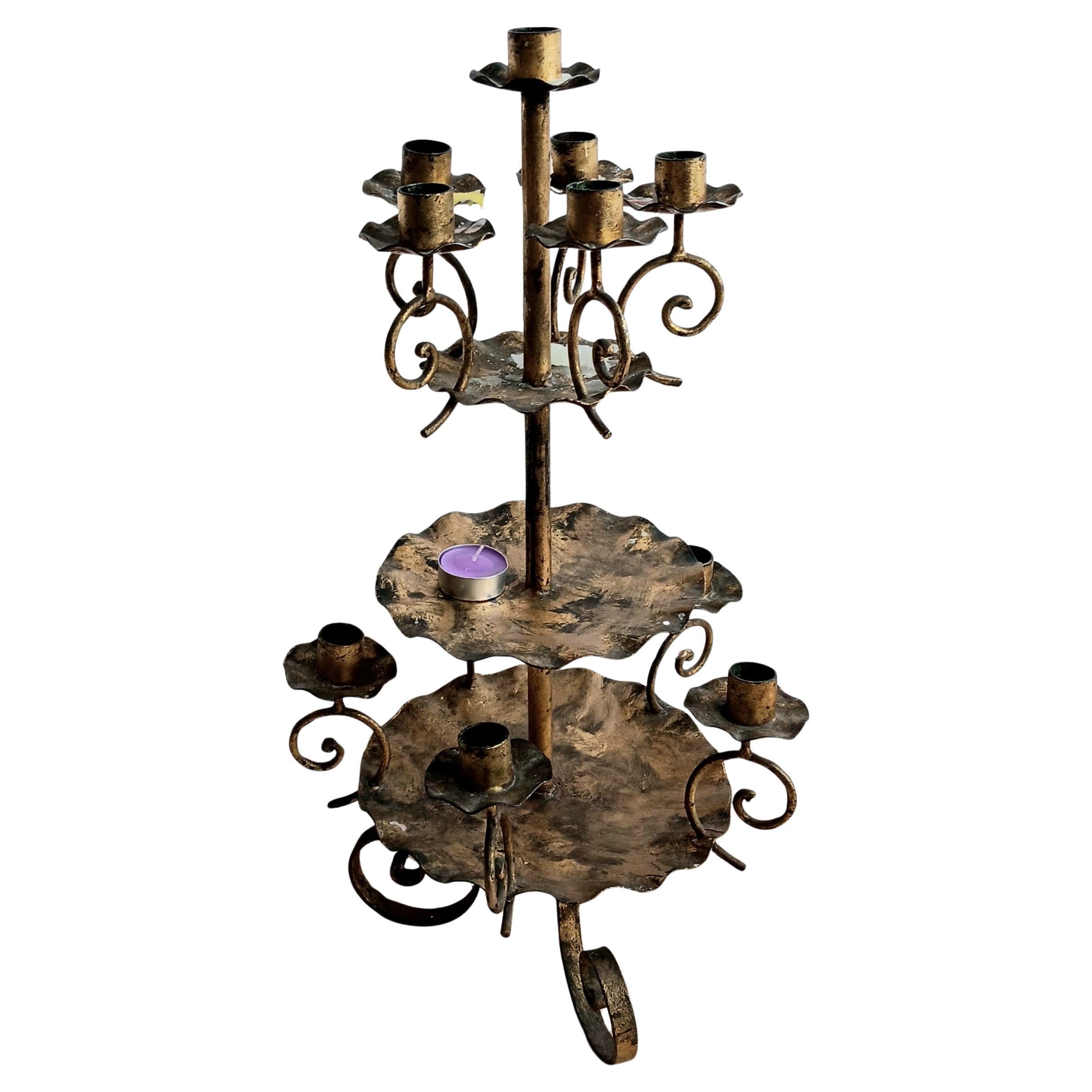 Brutalist Rare Candlesticks Large, 11 Candles , Wrought Iron Gold Leaf Early 20th Century For Sale