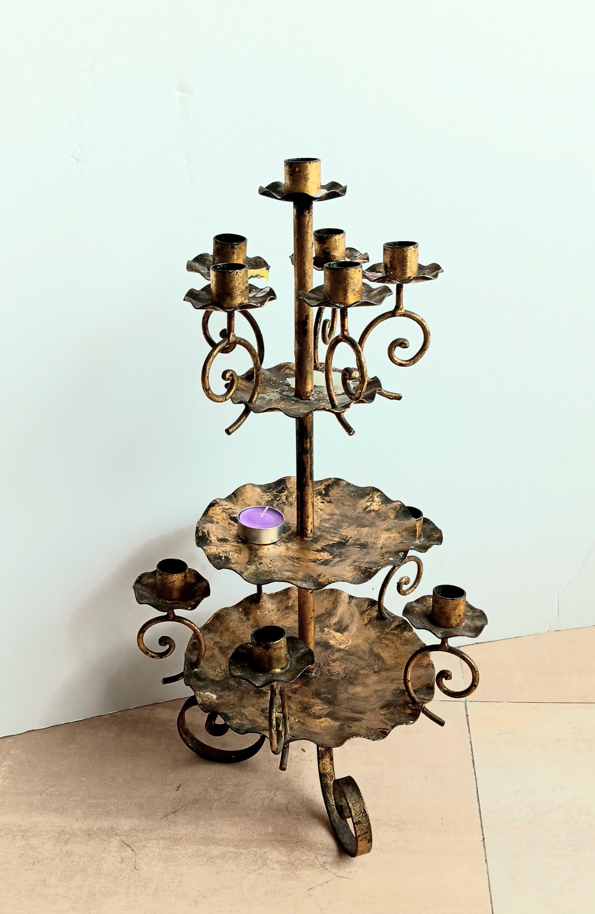 Spanish Rare Candlesticks Large, 11 Candles , Wrought Iron Gold Leaf Early 20th Century For Sale