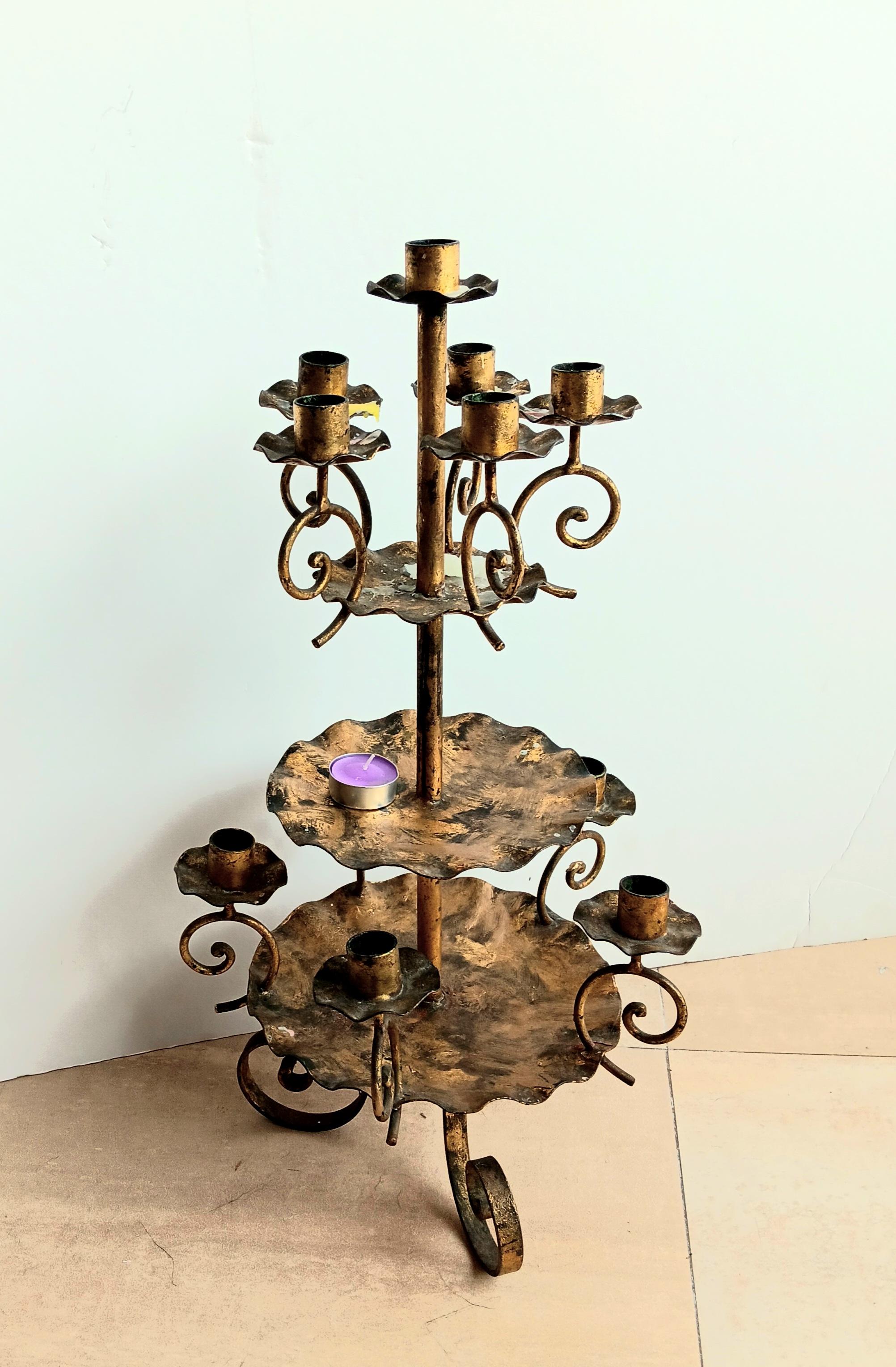 Rare Candlesticks Large, 11 Candles , Wrought Iron Gold Leaf Early 20th Century In Good Condition For Sale In Mombuey, Zamora