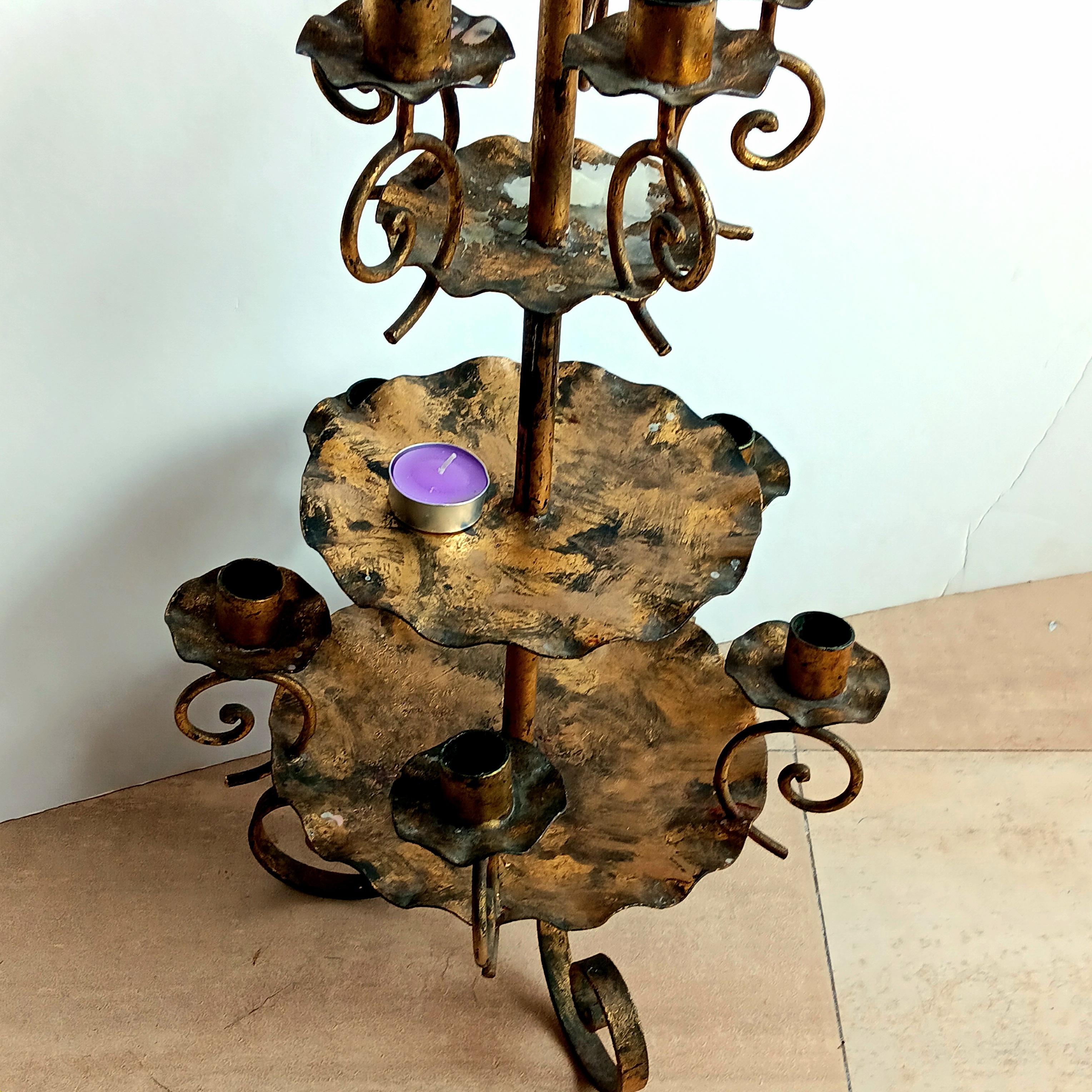 Rare Candlesticks Large, 11 Candles , Wrought Iron Gold Leaf Early 20th Century For Sale 1