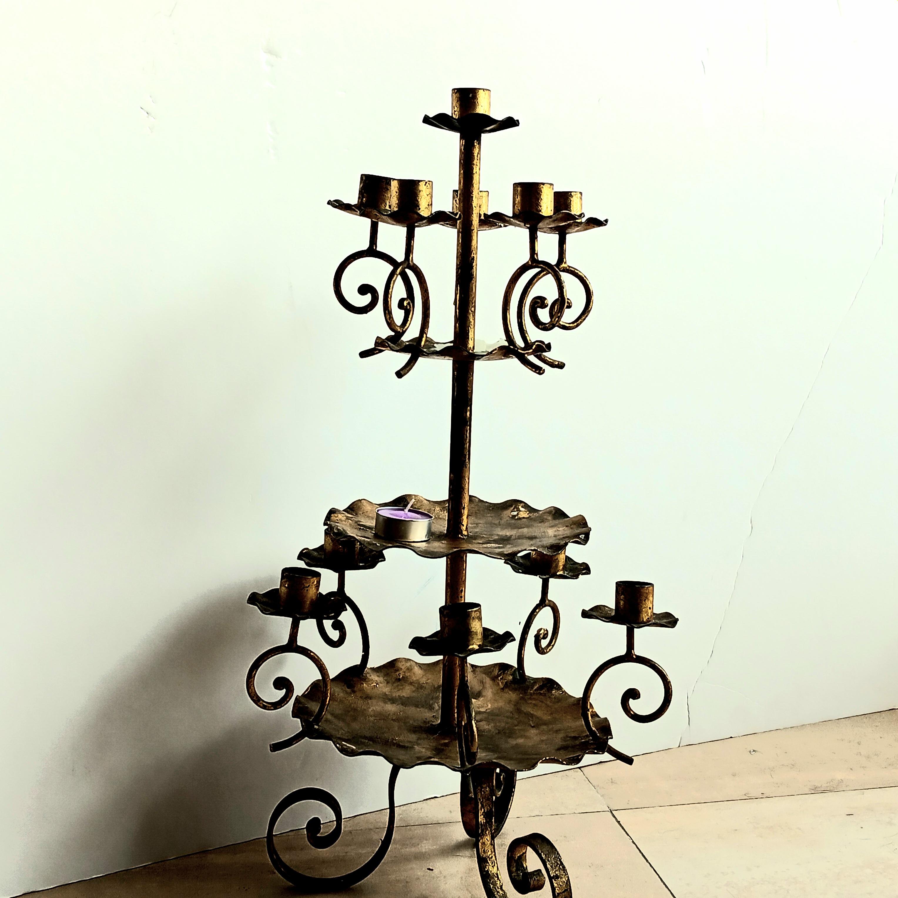 Rare Candlesticks Large, 11 Candles , Wrought Iron Gold Leaf Early 20th Century For Sale 2