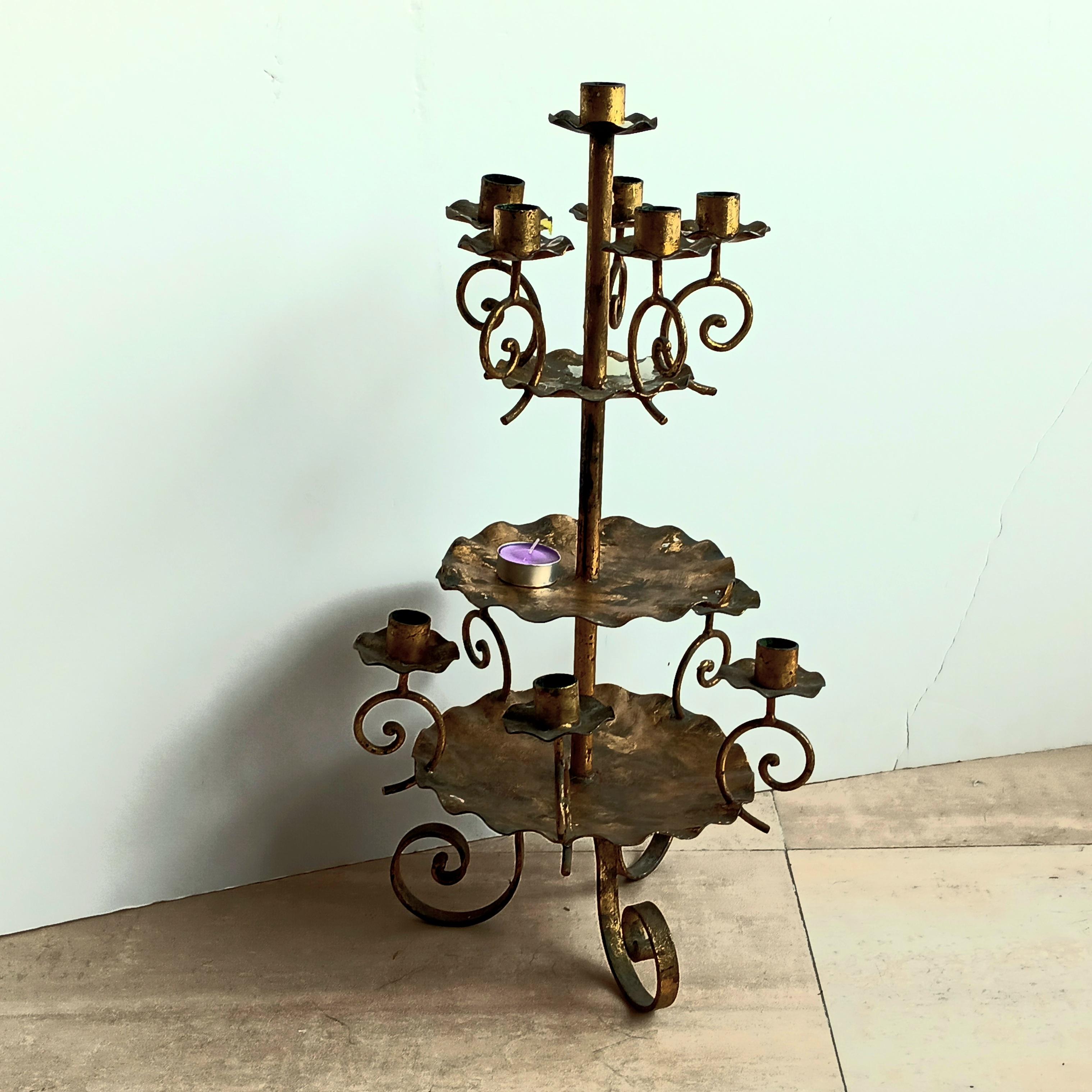 Rare Candlesticks Large, 11 Candles , Wrought Iron Gold Leaf Early 20th Century For Sale 5