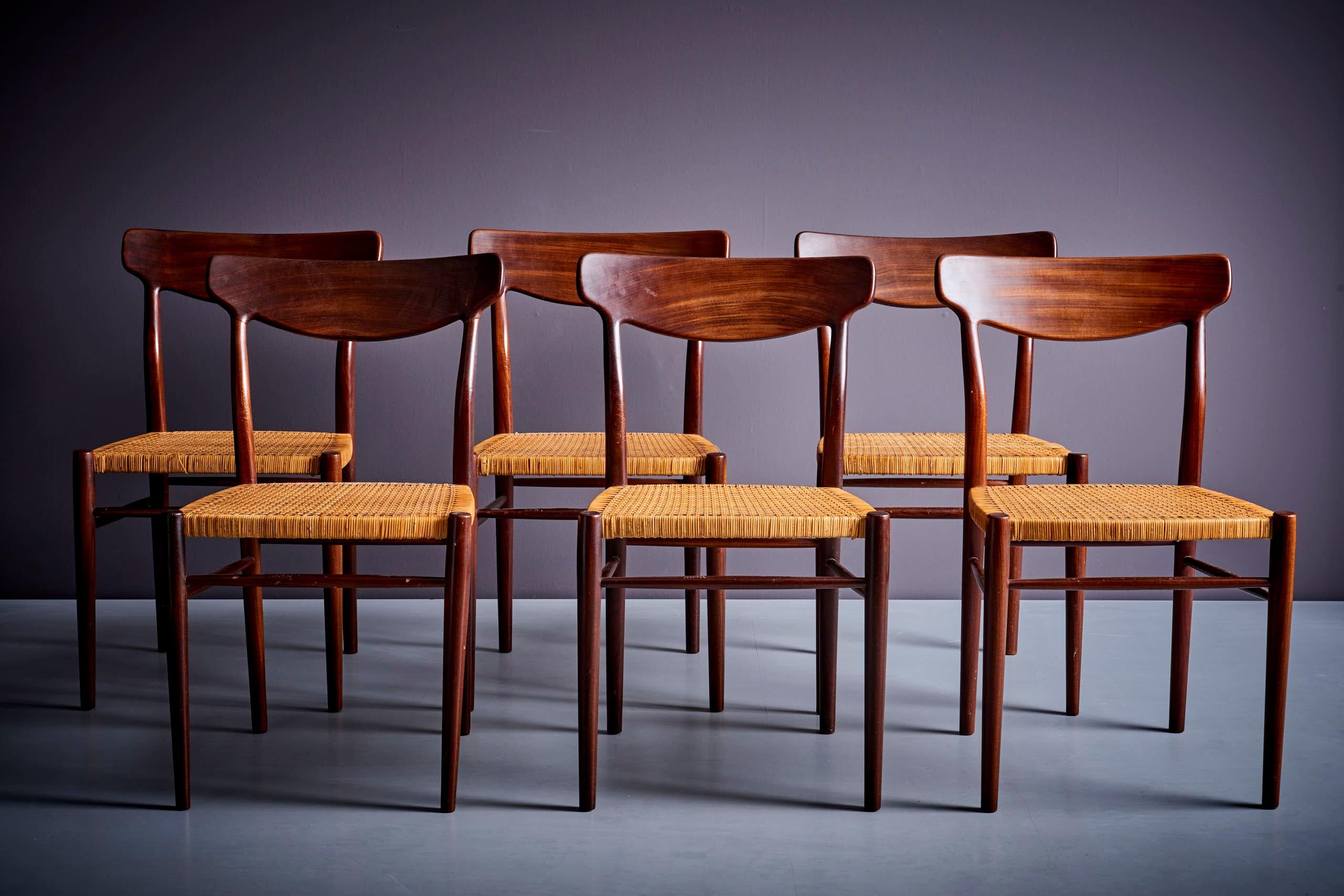 Mid-Century Modern Rare caned version of Gustav Herkströter for Lübke Set of 6 Chairs Germany 1960s