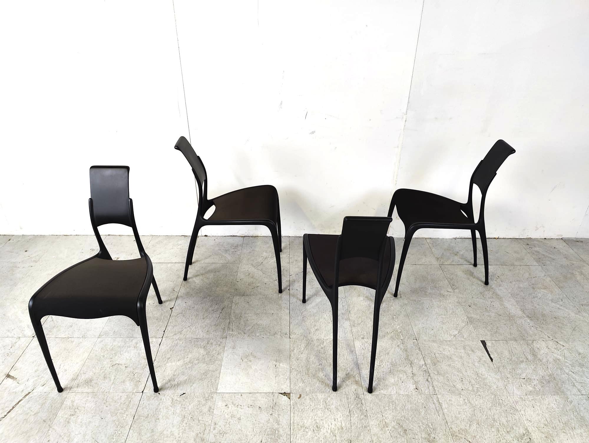 Ultra rare set of full carbon fibre dining chairs, Model C06, designed by Pol Quadens and produced from 1995 to 1997 to a limited 1000 examples.

Each chair has its individual serial number.

Its in fact the lightest chair in the world (back then)