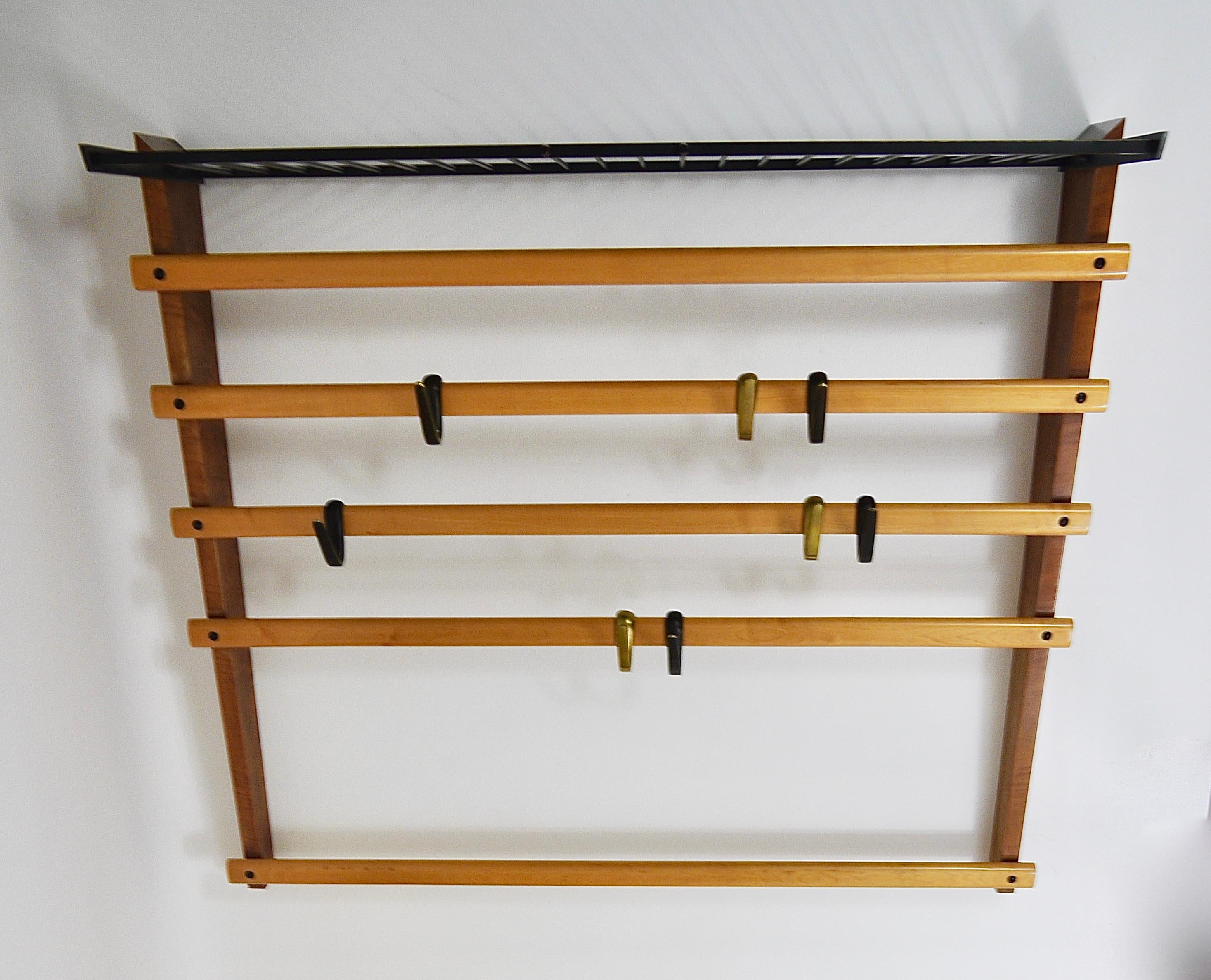 Patinated Rare Carl Auböck Coat Rack With Hat Rack, Wardrobe, Brass, Walnut & Beech, 1950s For Sale