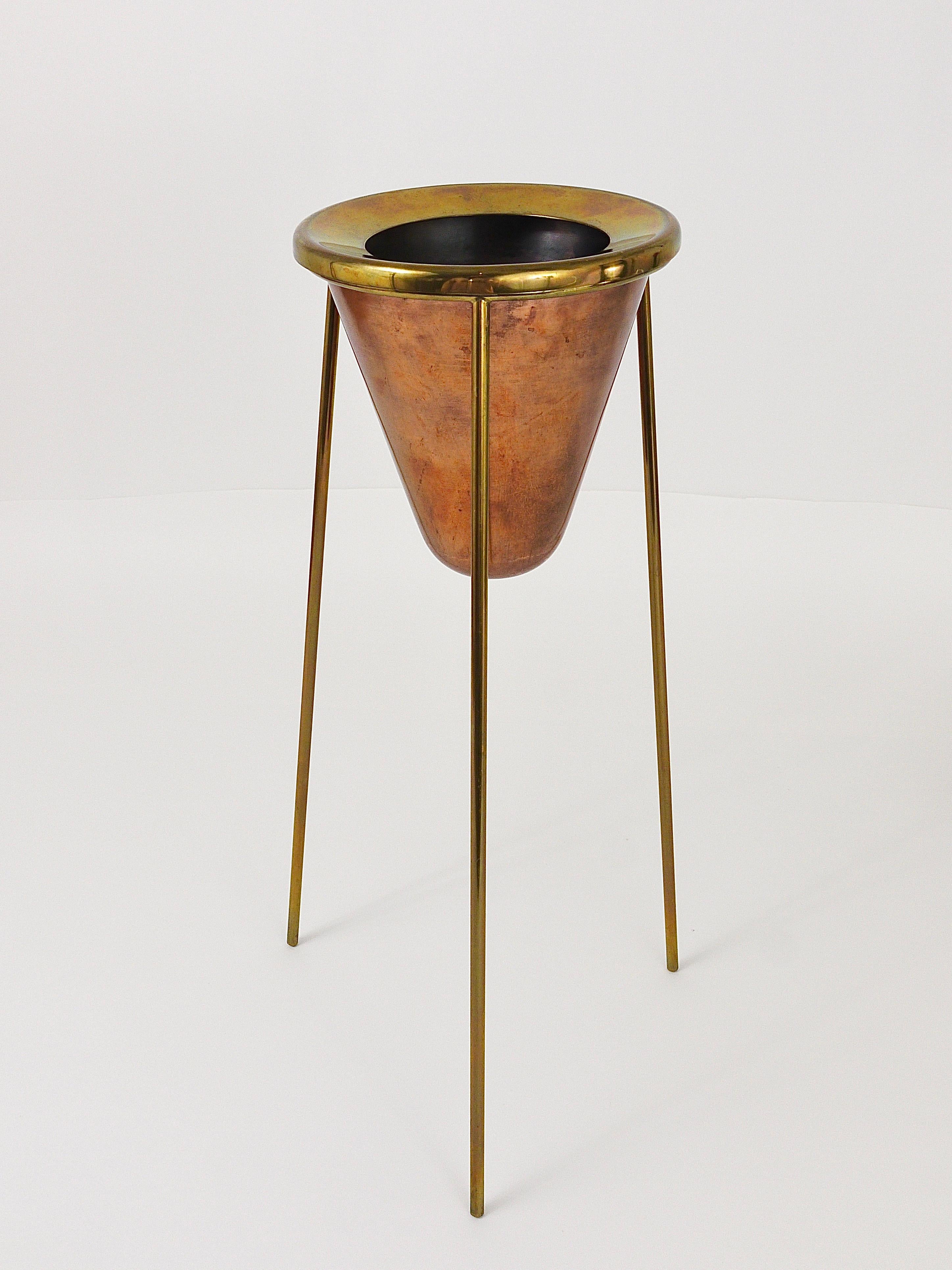 Mid-Century Modern Rare Carl Aubock Copper & Brass Tripod Floor Ashtray, Austria, 1950s For Sale